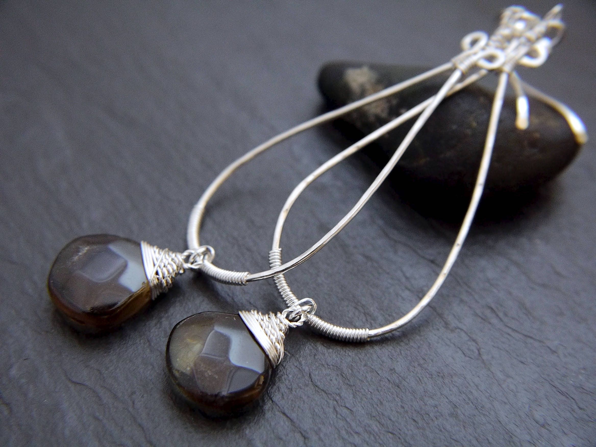 Smokey Quartz Wire Wrapped Teardrop Hoop Gemstone Earrings, Sterling Silver