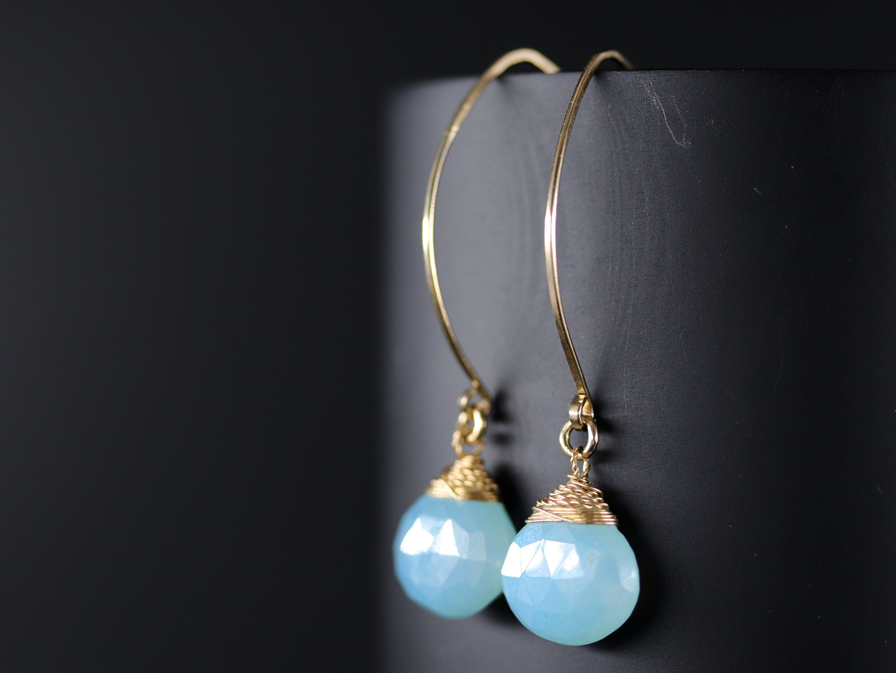 Aqua Chalcedony Heart Briolette Gemstone Earrings, 14K Gold Filled Romantic Gift