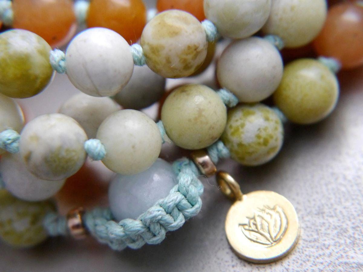 Red Aventurine, Green Peridot Serpentine Mala Beads, 108 Gemstone , Hand-Knotted