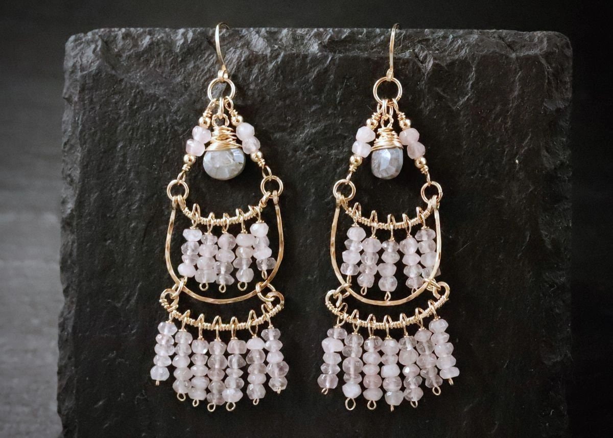 Rose Quartz Labradorite Fringe Chandelier Gemstone Earrings, 14K Gold Filled