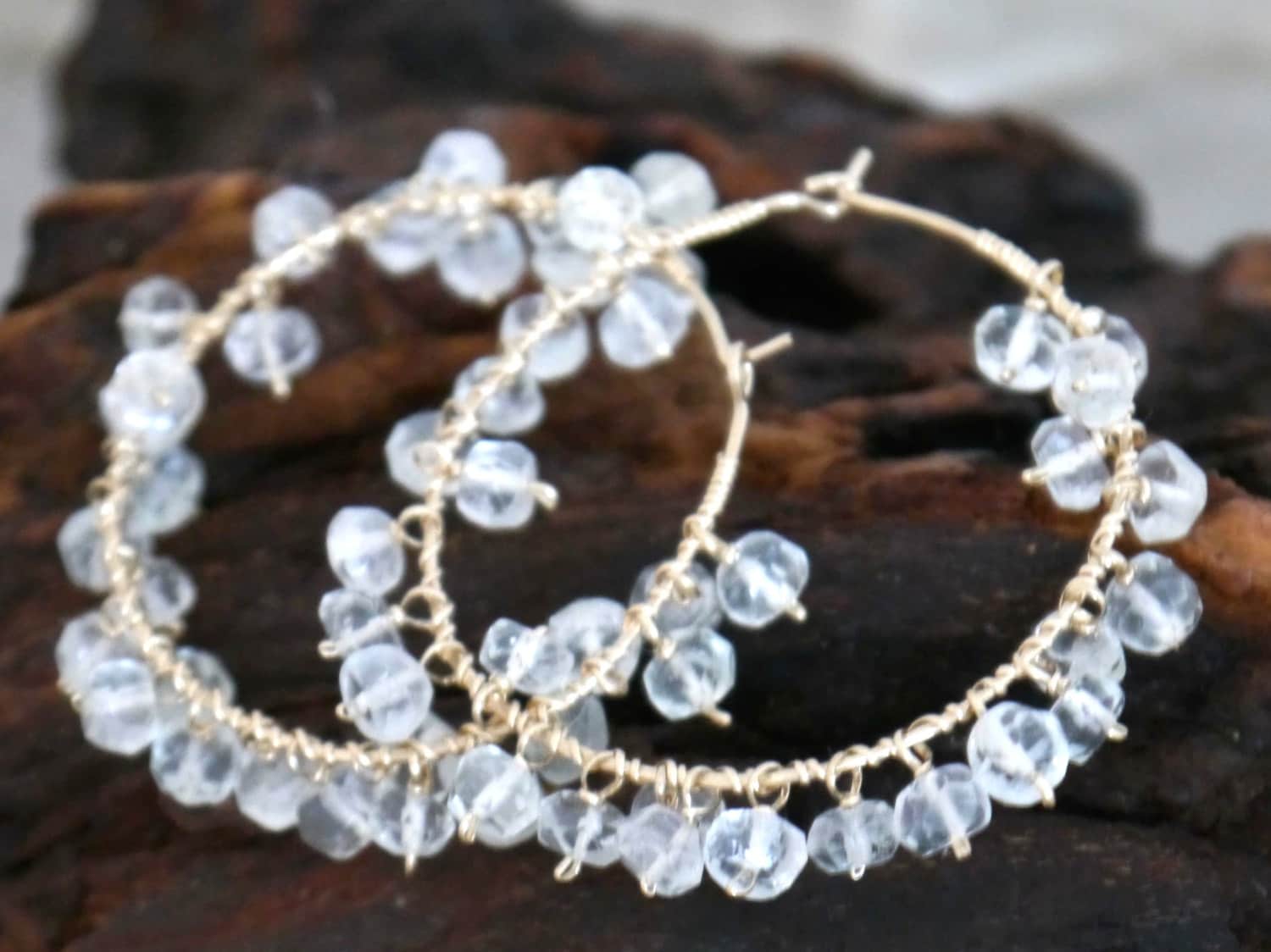 Aquamarine Floral Cluster Fringe Hoop Gemstone Earrings, 14K Gold Filled Unique Boho