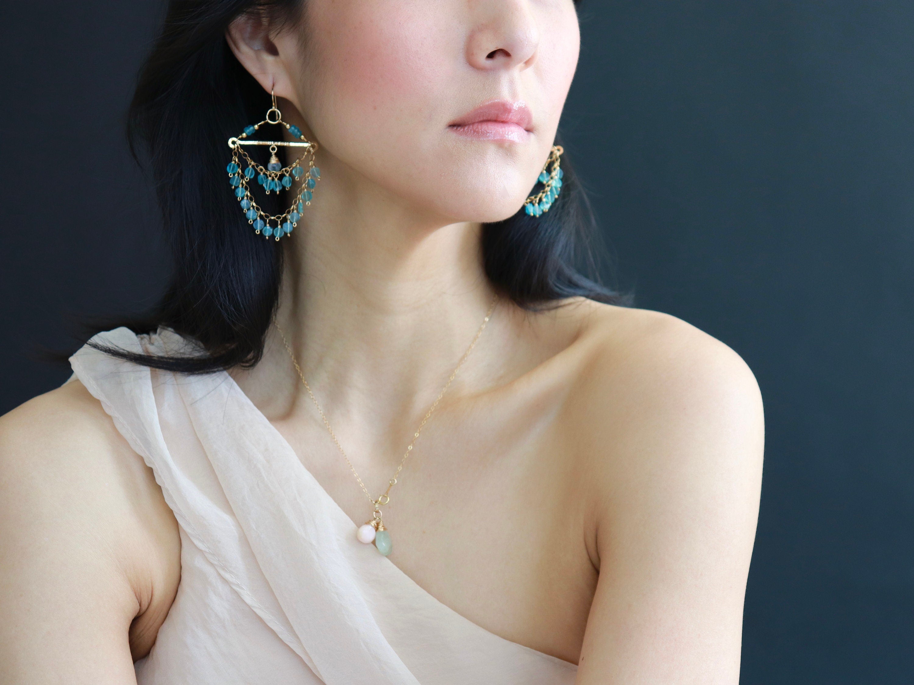 Peruvian Blue Opal Tiered Fringe Chandelier Earrings, 14K Gold Filled Statement Bohemian Wedding Jewelry