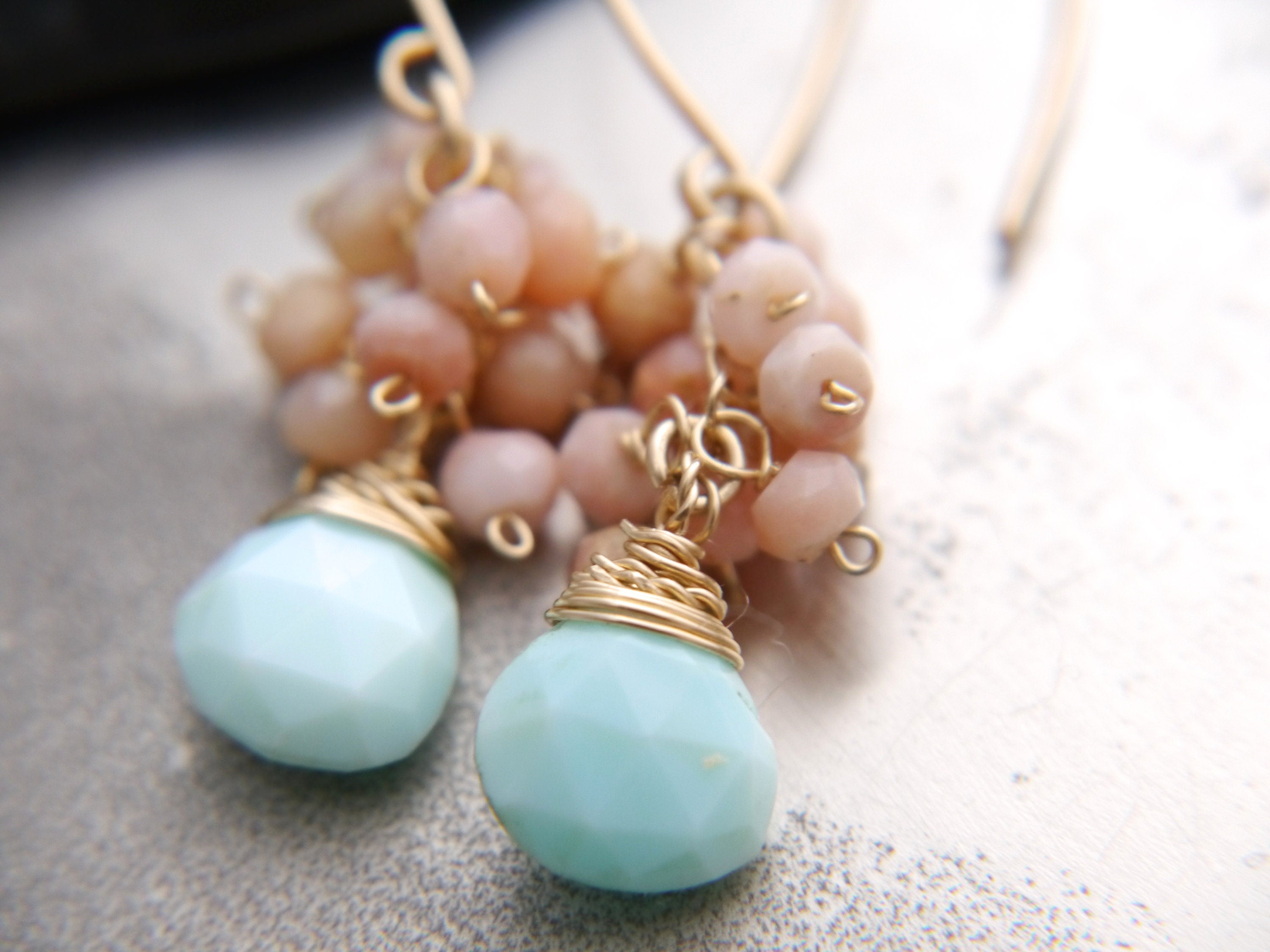 Pink Blue Opal Floral Cluster Gemstone Earrings, 14K Gold Filled Nature Inspired