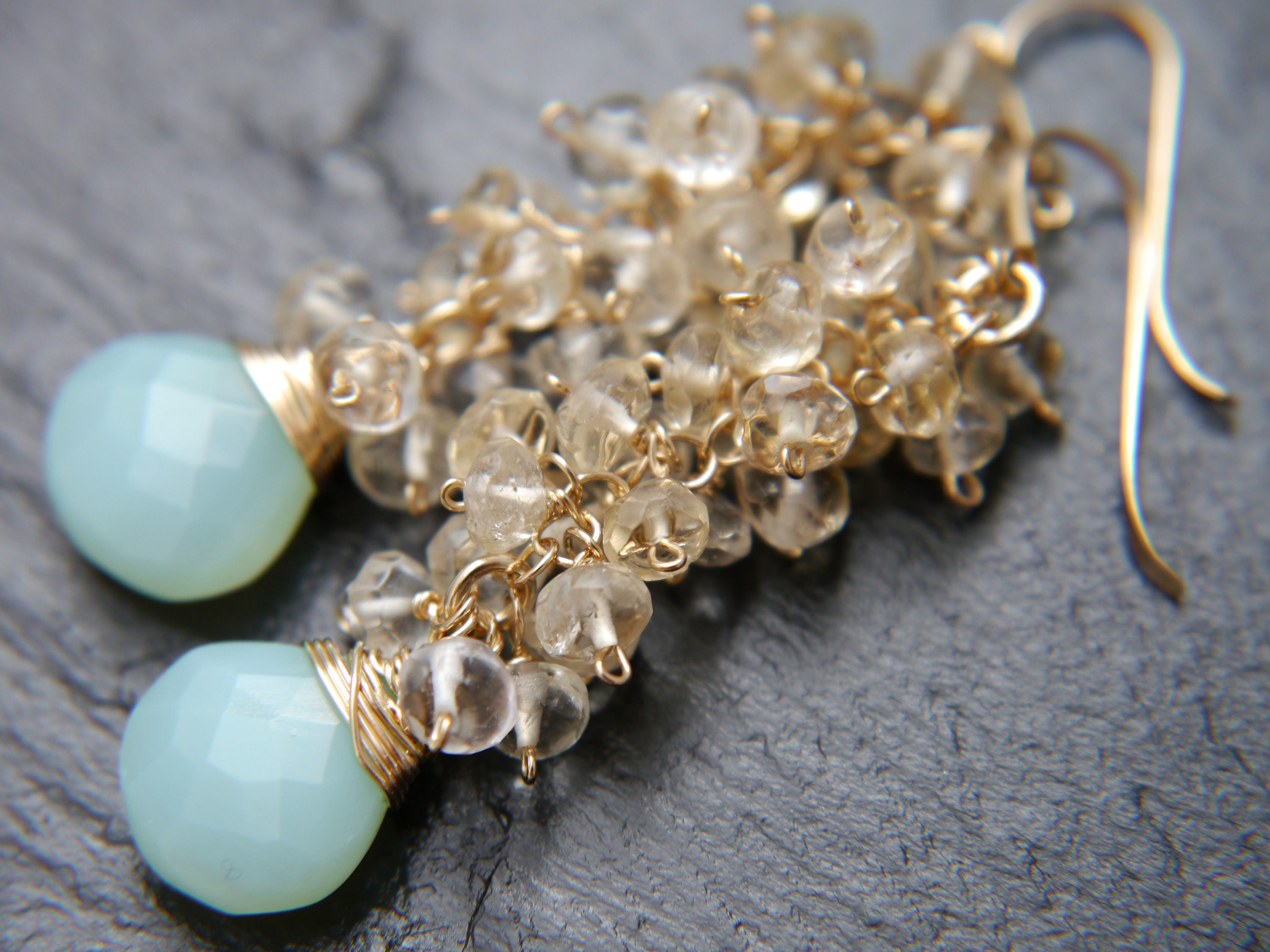 Aqua Chalcedony Citrine Cluster Vine Gemstone Earrings, 14K Gold Filled Bohemian Chic