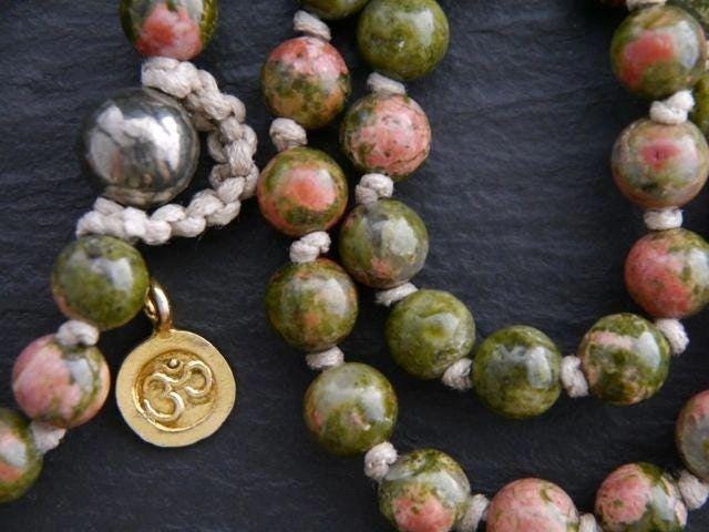 Green Pink Unakite Mala Beads, 108 Gemstone Beads, Wrap, Hand Knotted