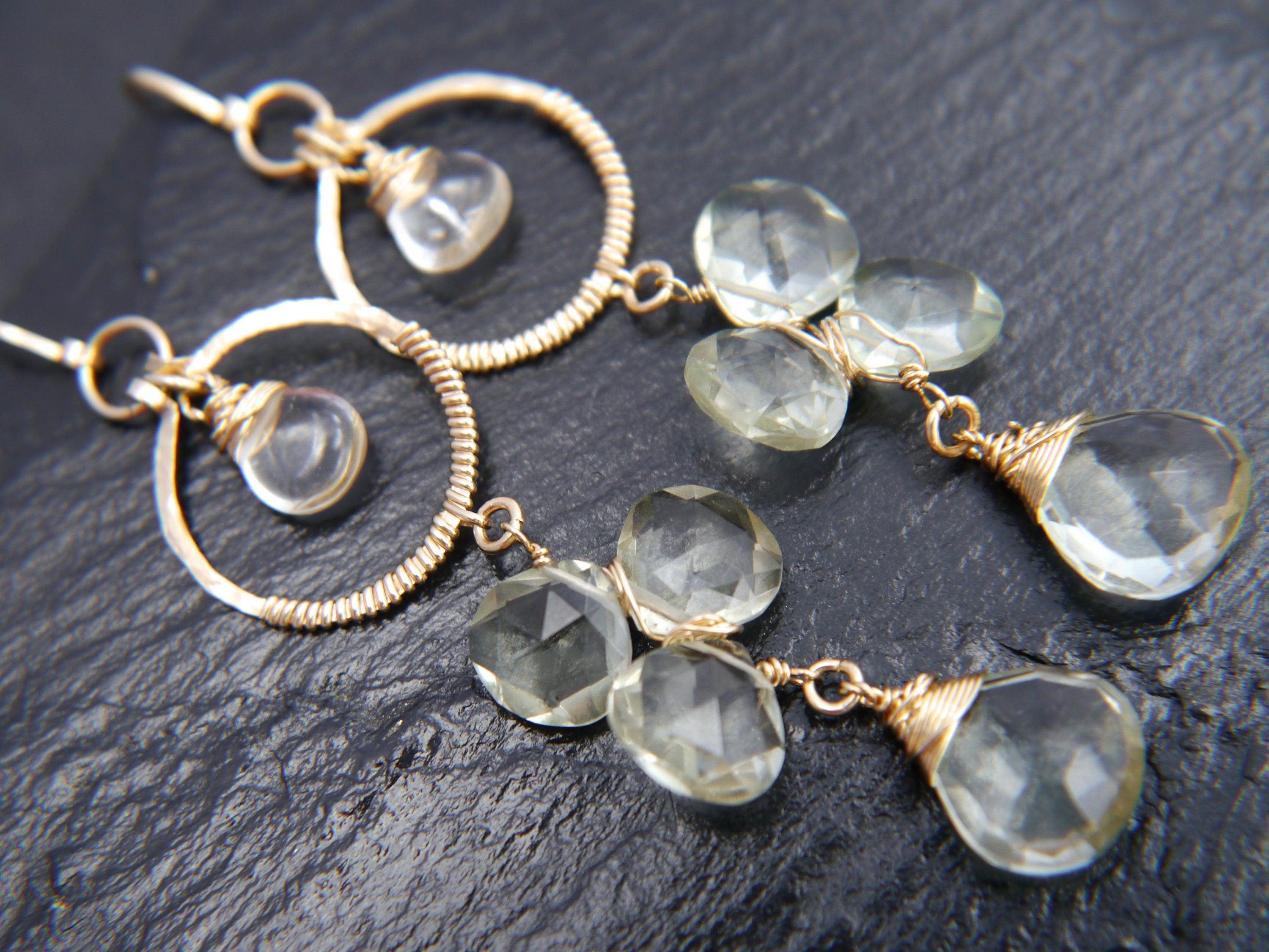 Green Amethyst Long Dangle Floral ChandelierGemstone Earrings, 14K Gold Filled Bridal