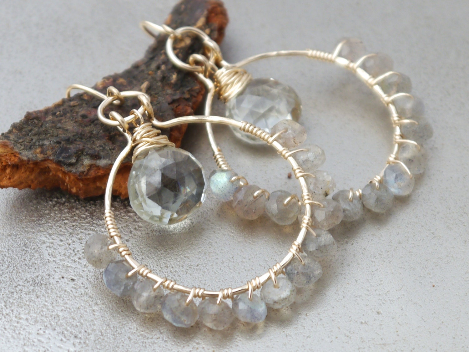 Labradorite Green Amethyst Hoop Gemstone Earrings, 14K Gold Filled Bohemian Style