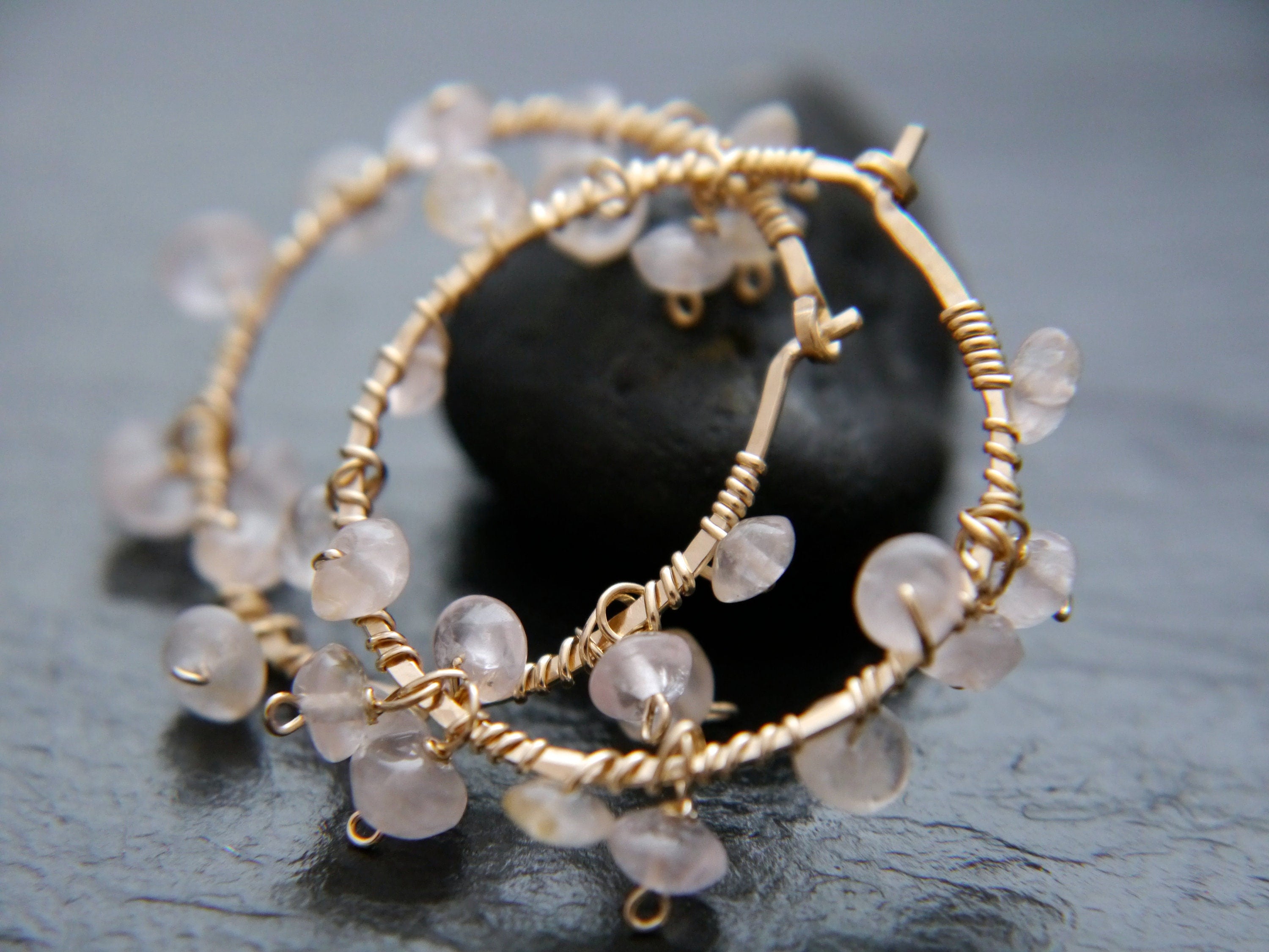 Rose Quartz Hoop Gemstone Earrings, 14K Gold Filled Boho Style Jewelry