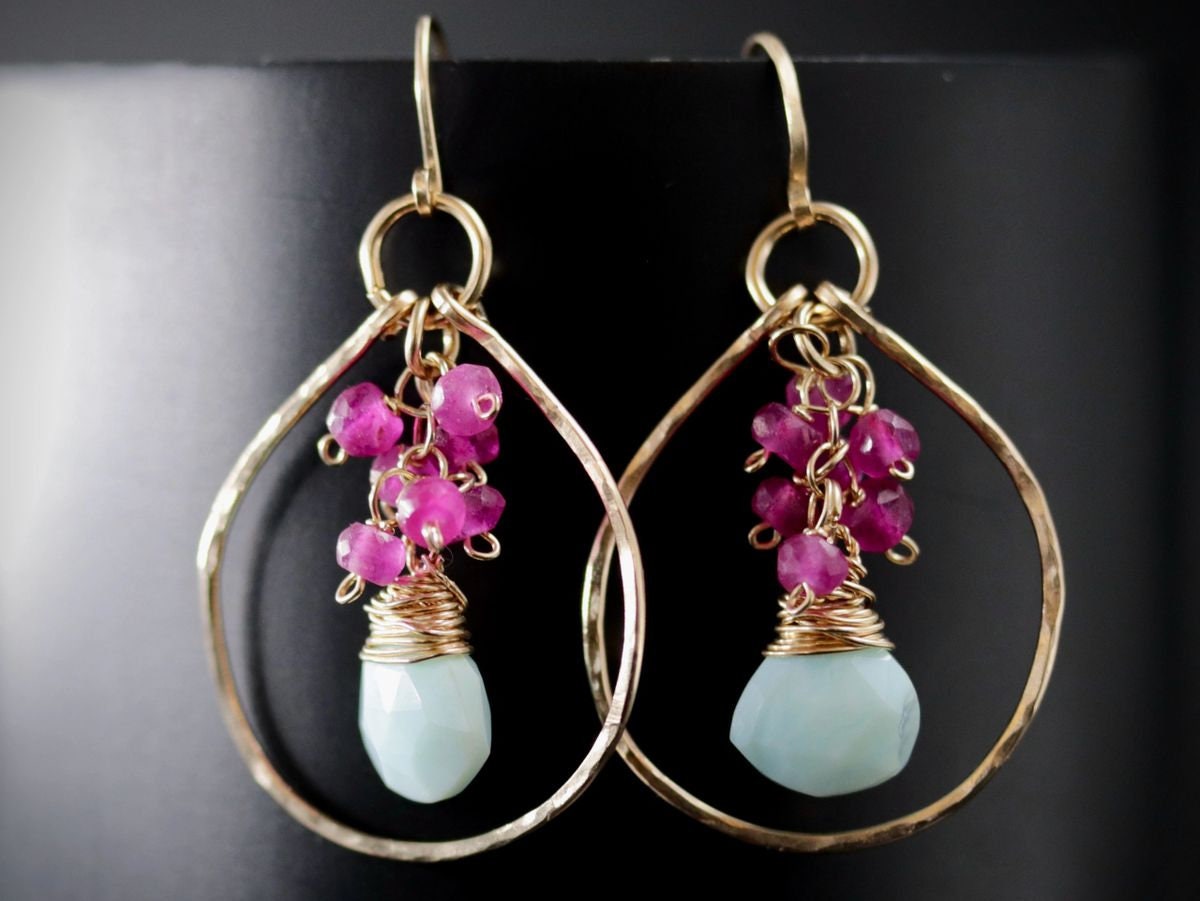 Peruvian Opal Ruby Floral Gemstone Earrings, 14K Gold Filled Bohemian Jewelry