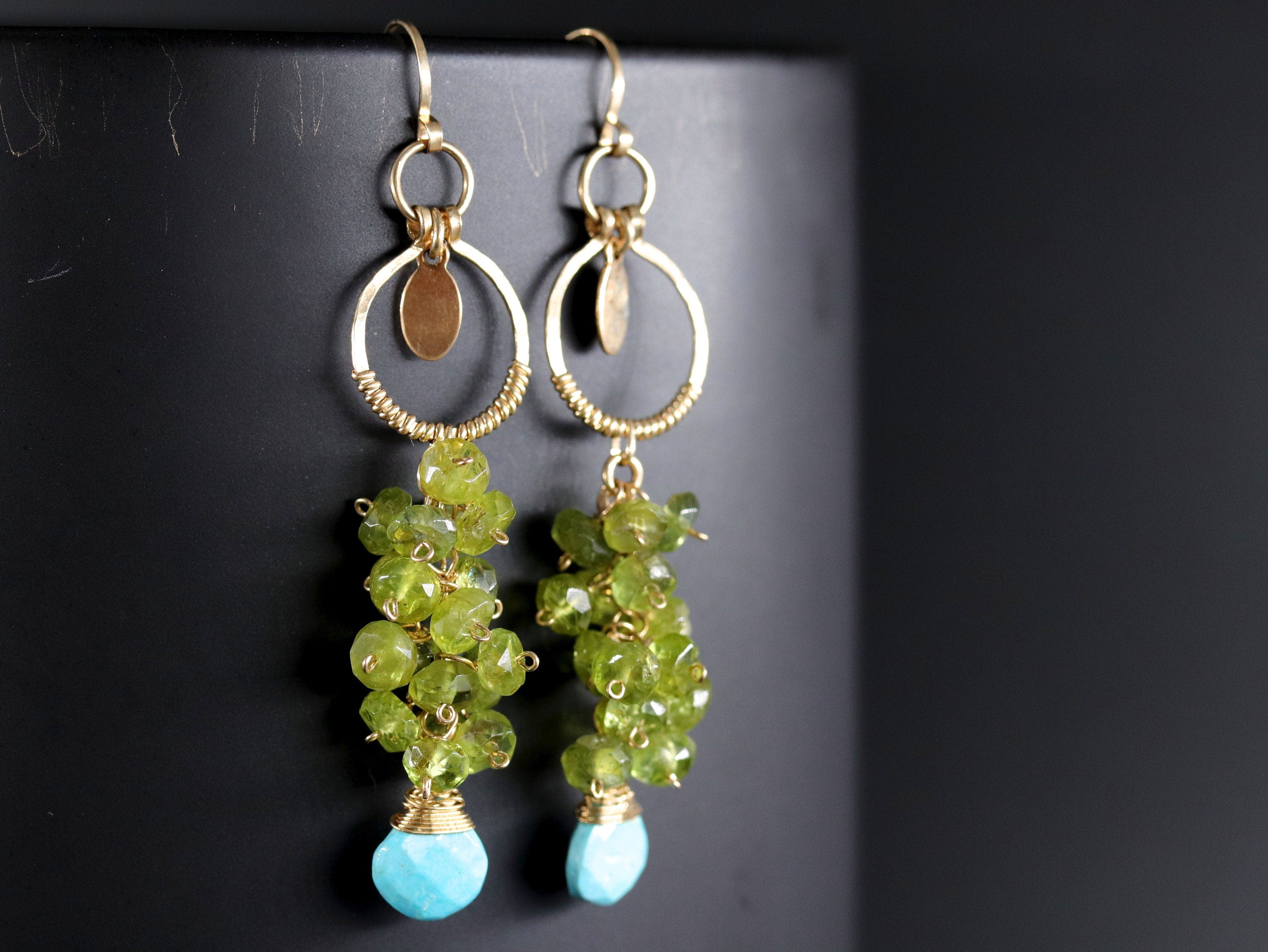 Turquoise Peridot Floral Cluster Long Dangle Gemstone Earrings, 14K Gold Filled