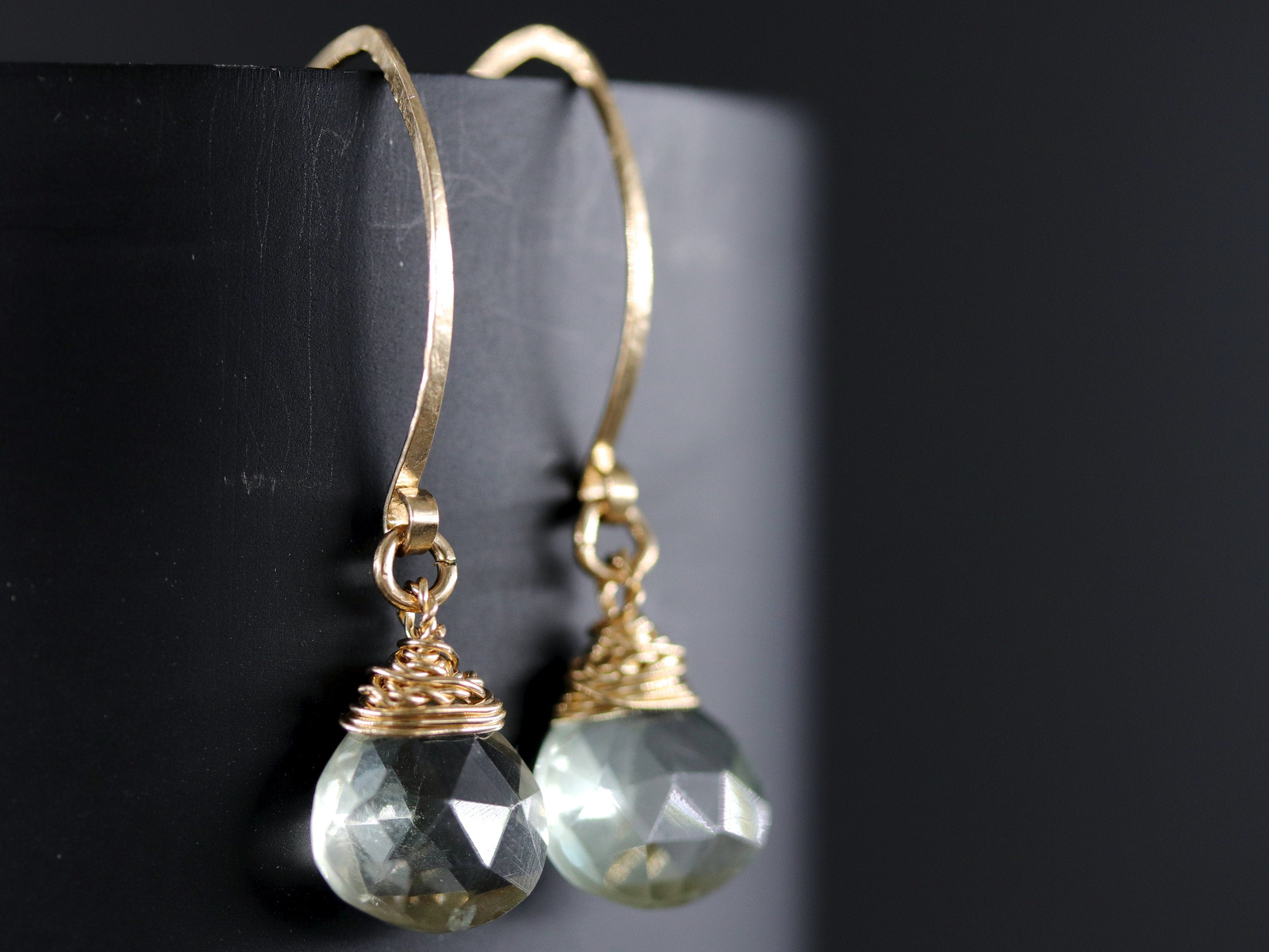 Green Amethyst Long Hoop Gemstone Earrings, 14K Gold Filled Classic Style