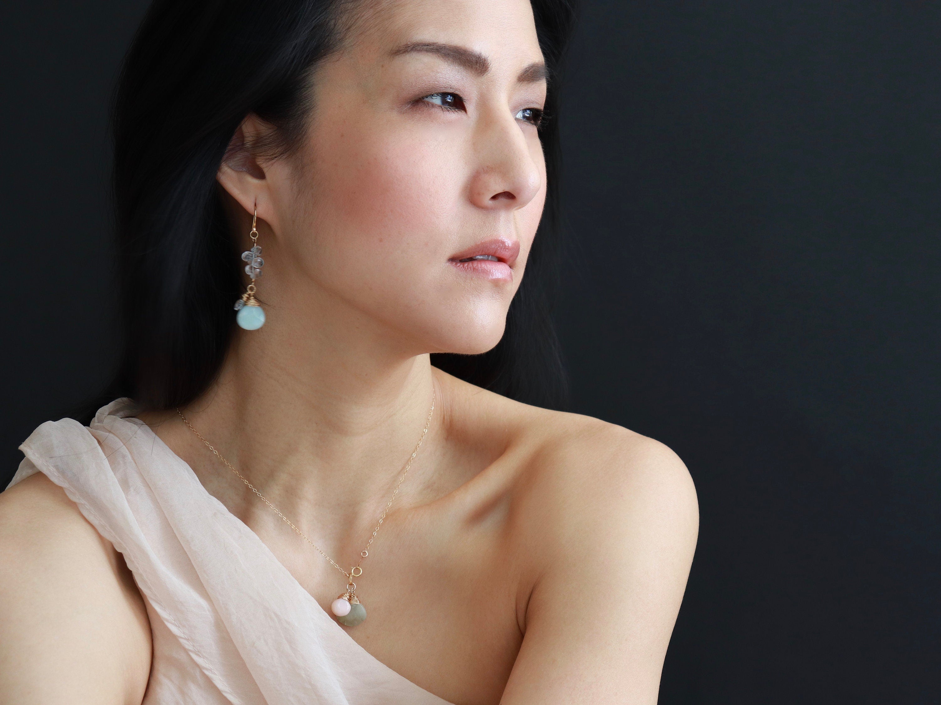 Aquamarine Amazonite Floral Dangle Teardrop Gemstone Earrings, 14K Gold Filled