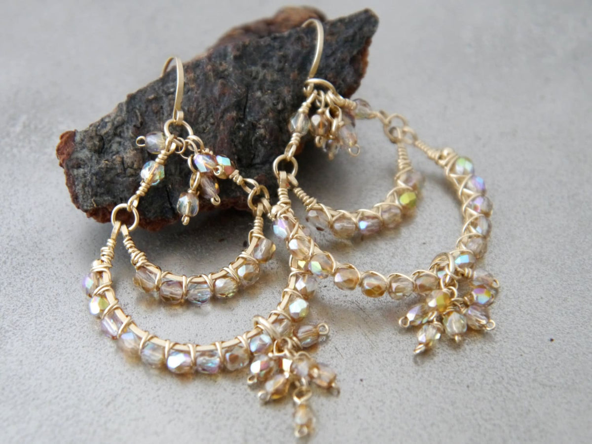Bridal Chandelier Gold Earrings, 14K Gold Filled Dangle Earrings, Long Earrings, Champagne Czech Glass, Garden Wedding Earrings