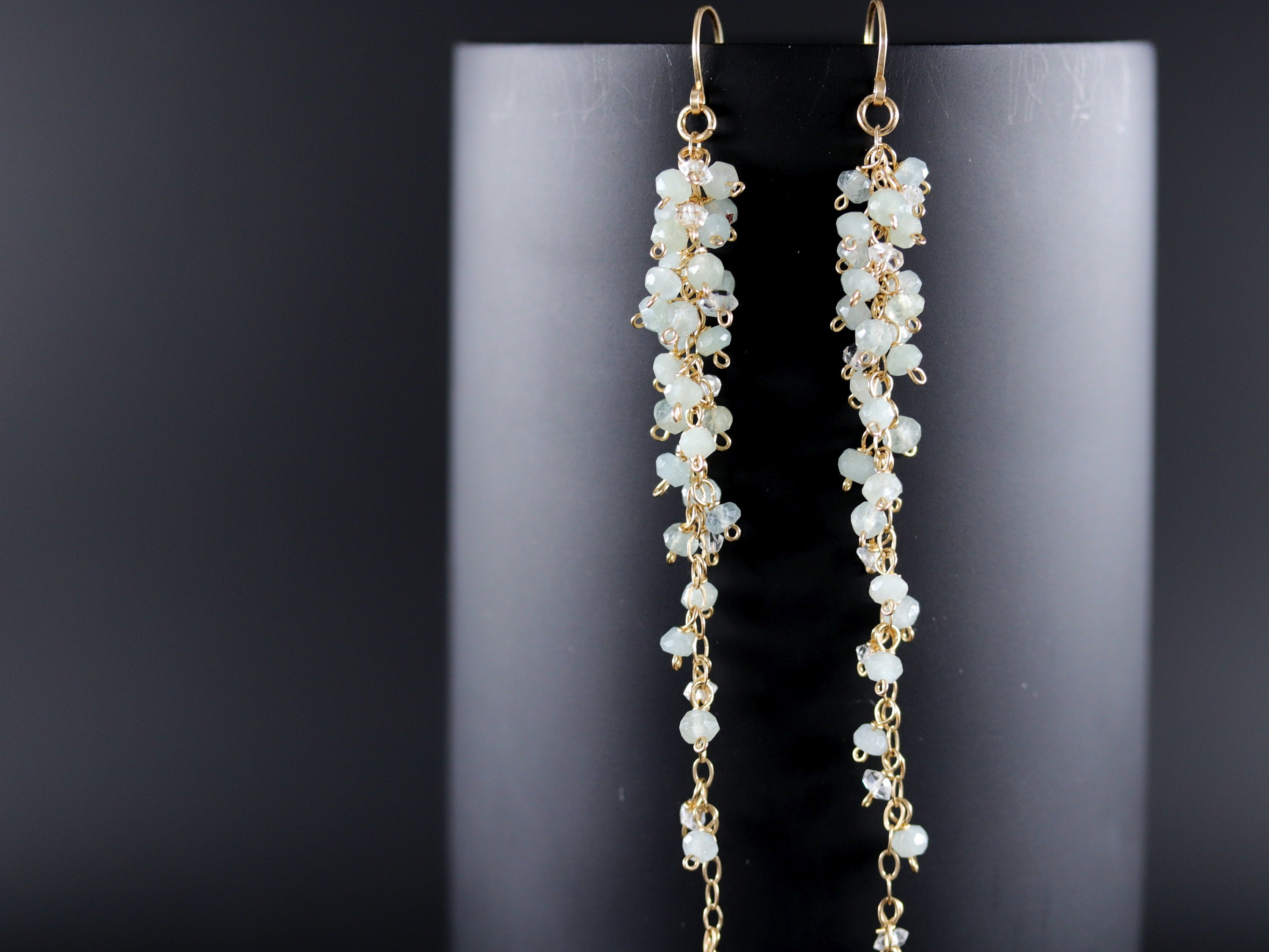 Aquamarine Herkimer Tassel Earrings, 14K Gold Filled Long Duster, Minimal Statement