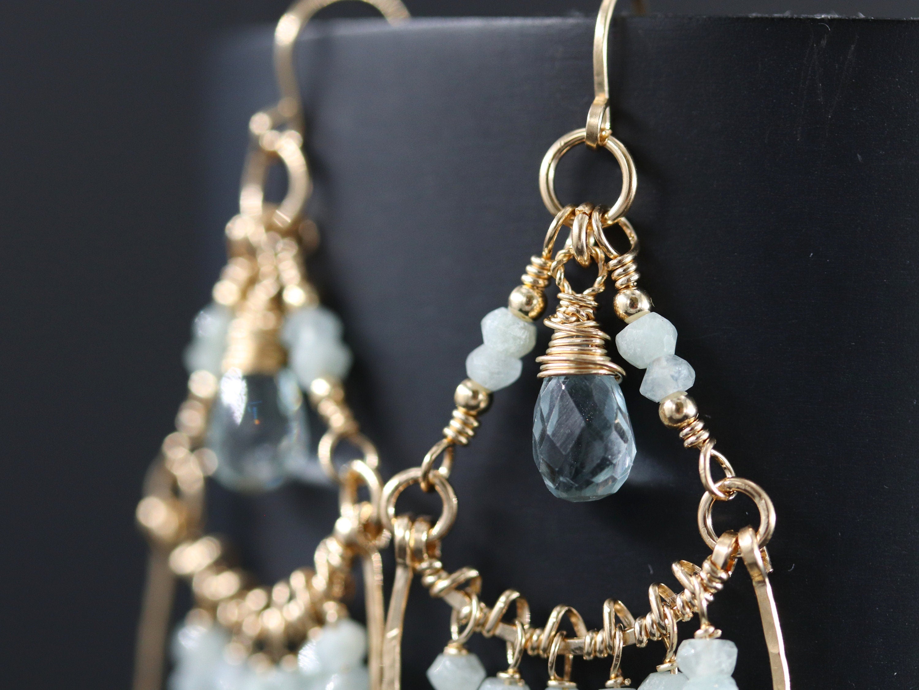 Aquamarine Boho Chandelier Earrings, 14K Gold Filled Fringe Dangle, Wedding Jewelry