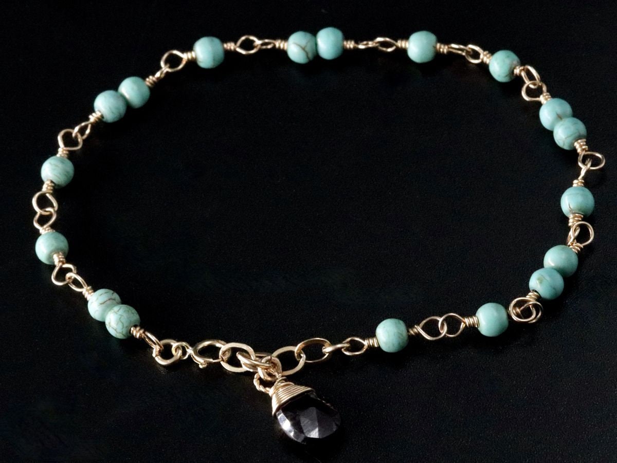 Turquoise Magnesite Garnet Gemstone Bracelet, 14K Gold Filled Rosary Chain Boho Style