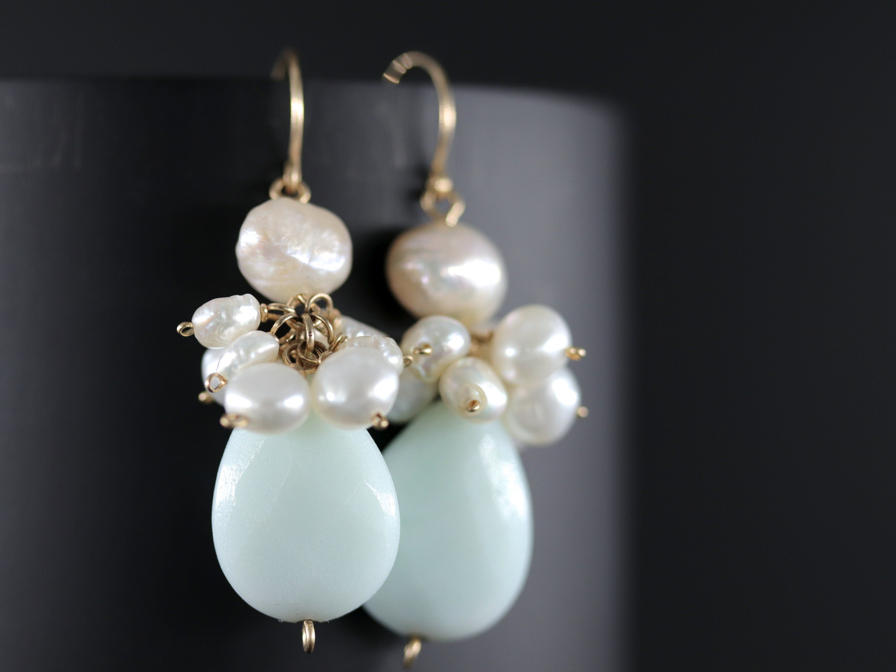 Amazonite Pearl Teardrop Earrings, 14K Gold Filled Dangle, Garden Wedding Jewelry