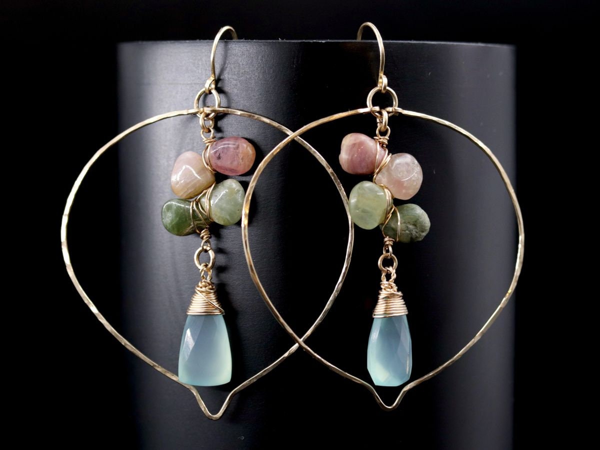 Aqua Chalcedony Tourmaline Floral Chandelier Gemstone Earrings, 14K Gold Filled