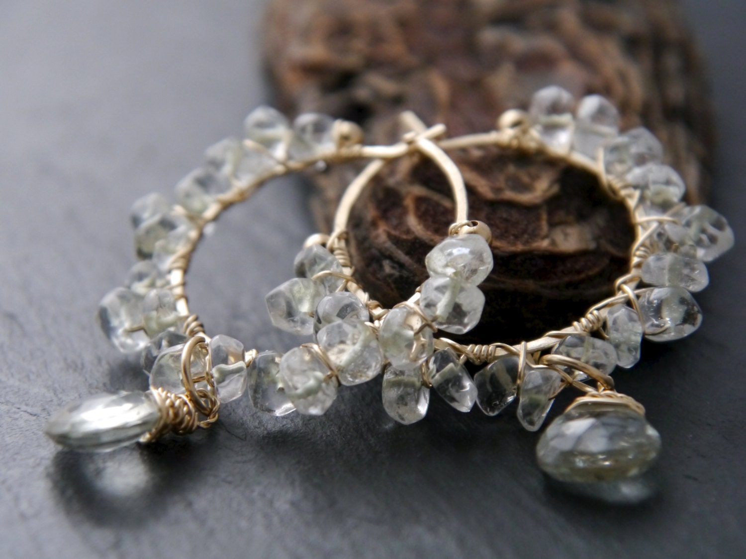 Green Amethyst Floral Hoop Gemstone Earrings, 14K Gold Filled Bohemian Style