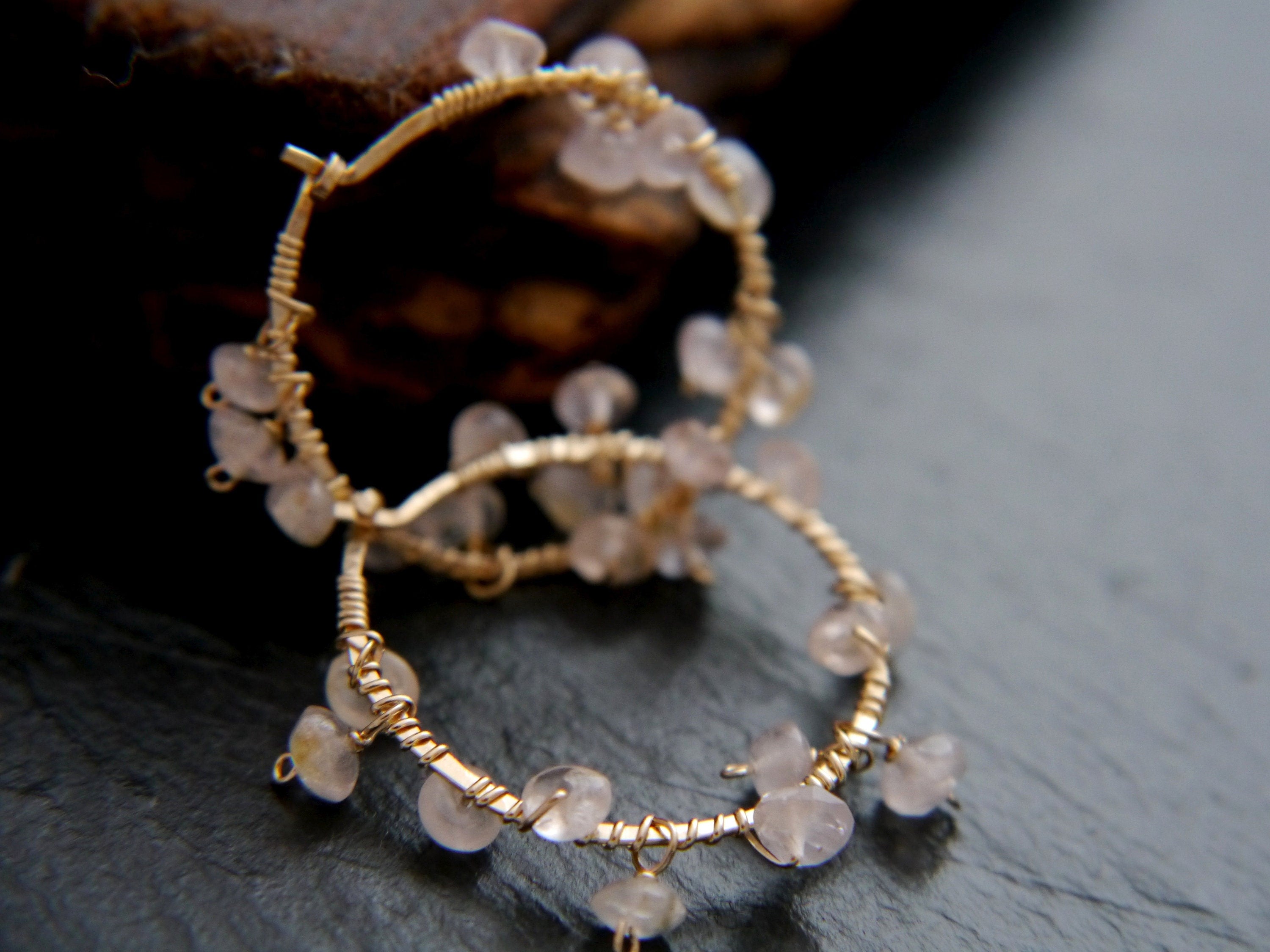Rose Quartz Hoop Gemstone Earrings, 14K Gold Filled Boho Style Jewelry