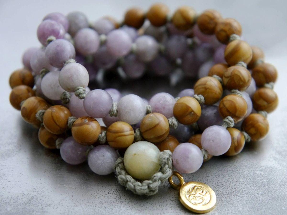 Lilac Tigerskin Jasper Mala Beads, 108 Gemstone Beads, Wrap, Hand Knotted