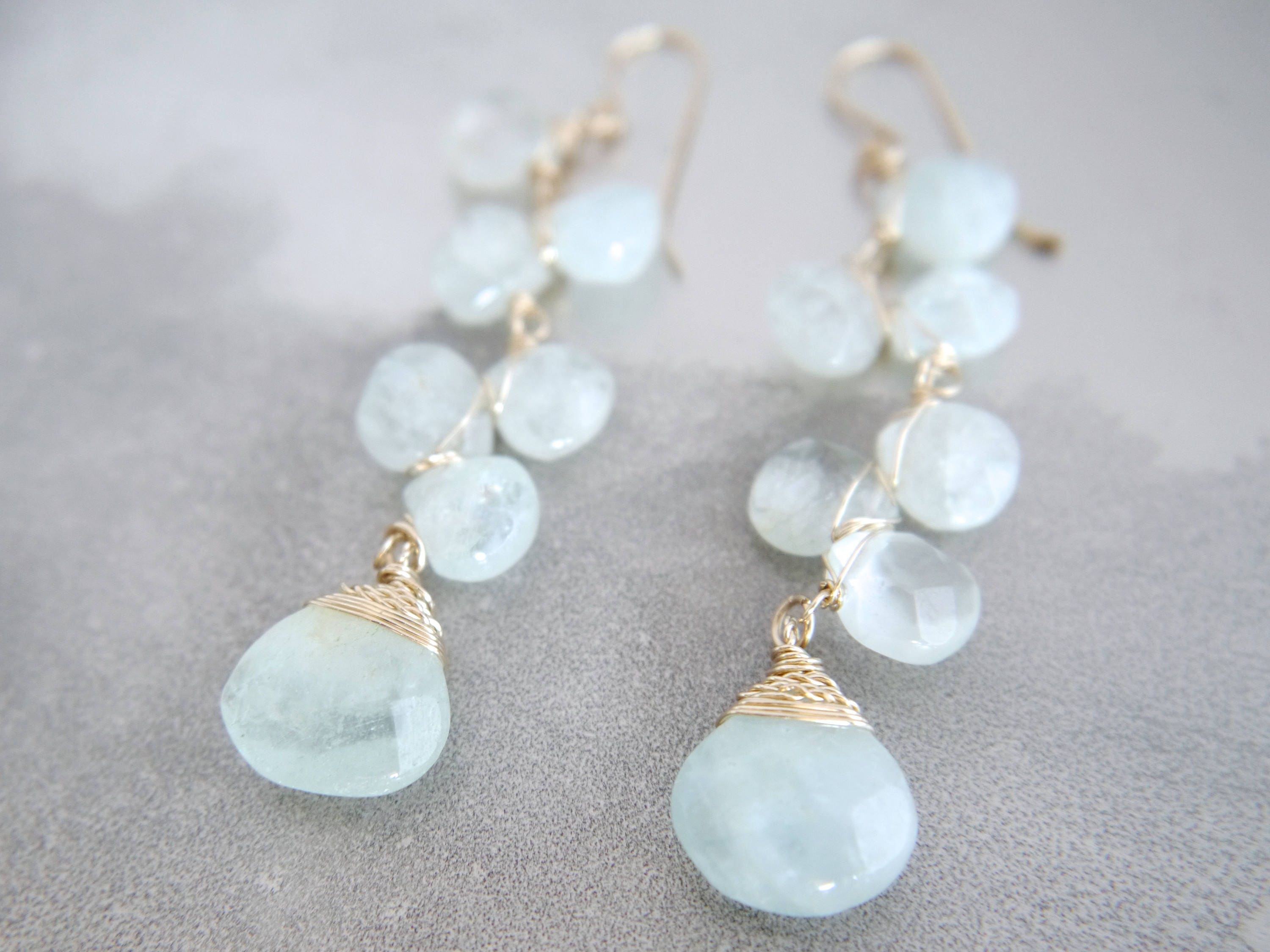 Aquamarine Long Dangle  Floral Gemstone Earrings, 14K Gold Filled Garden Wedding