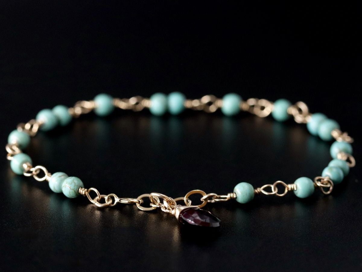 Turquoise Magnesite Garnet Gemstone Bracelet, 14K Gold Filled Rosary Chain Boho Style