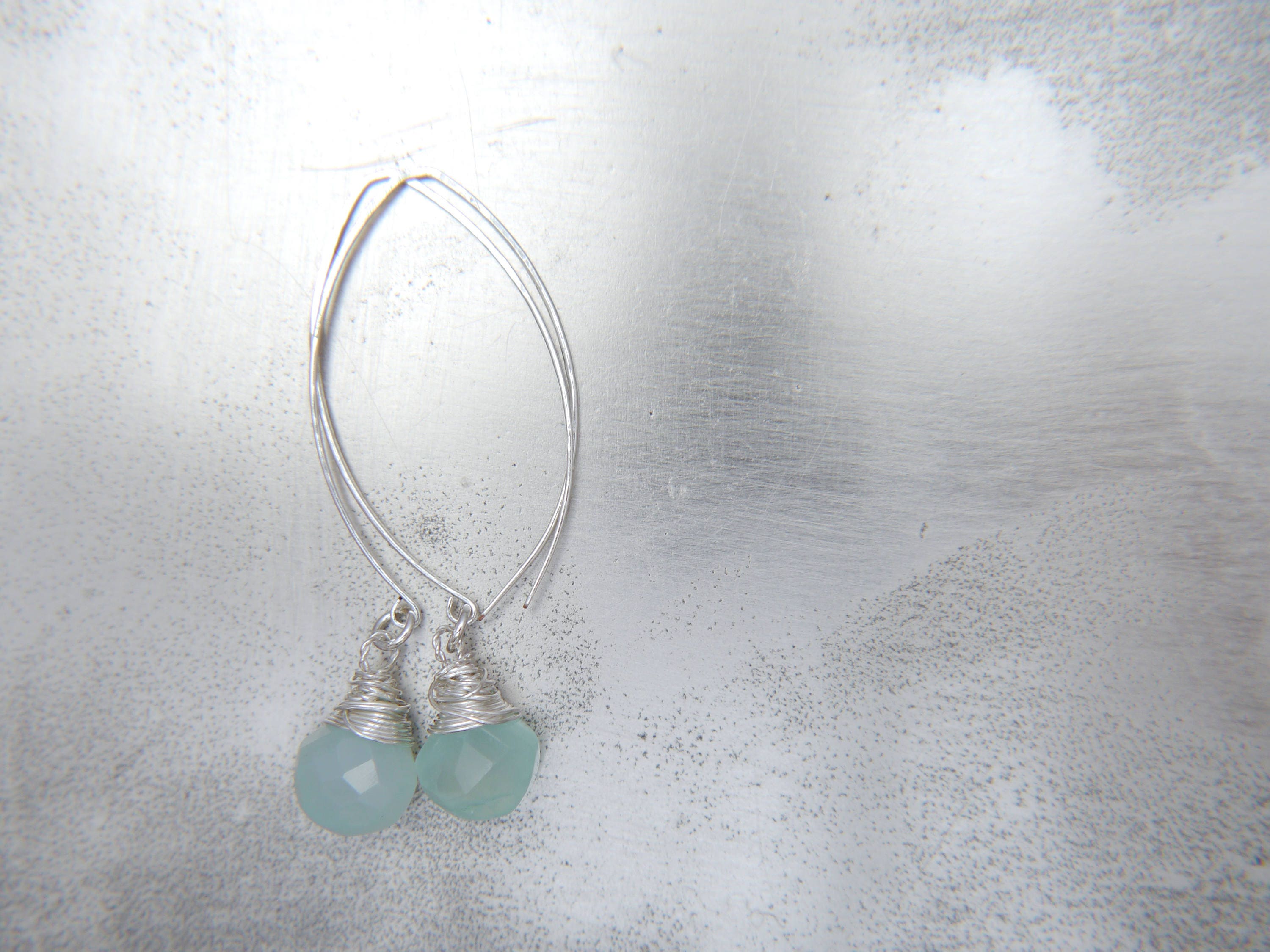 Aqua Chalcedony Briolette Hoop Gemstone Earrings, Sterling Silver