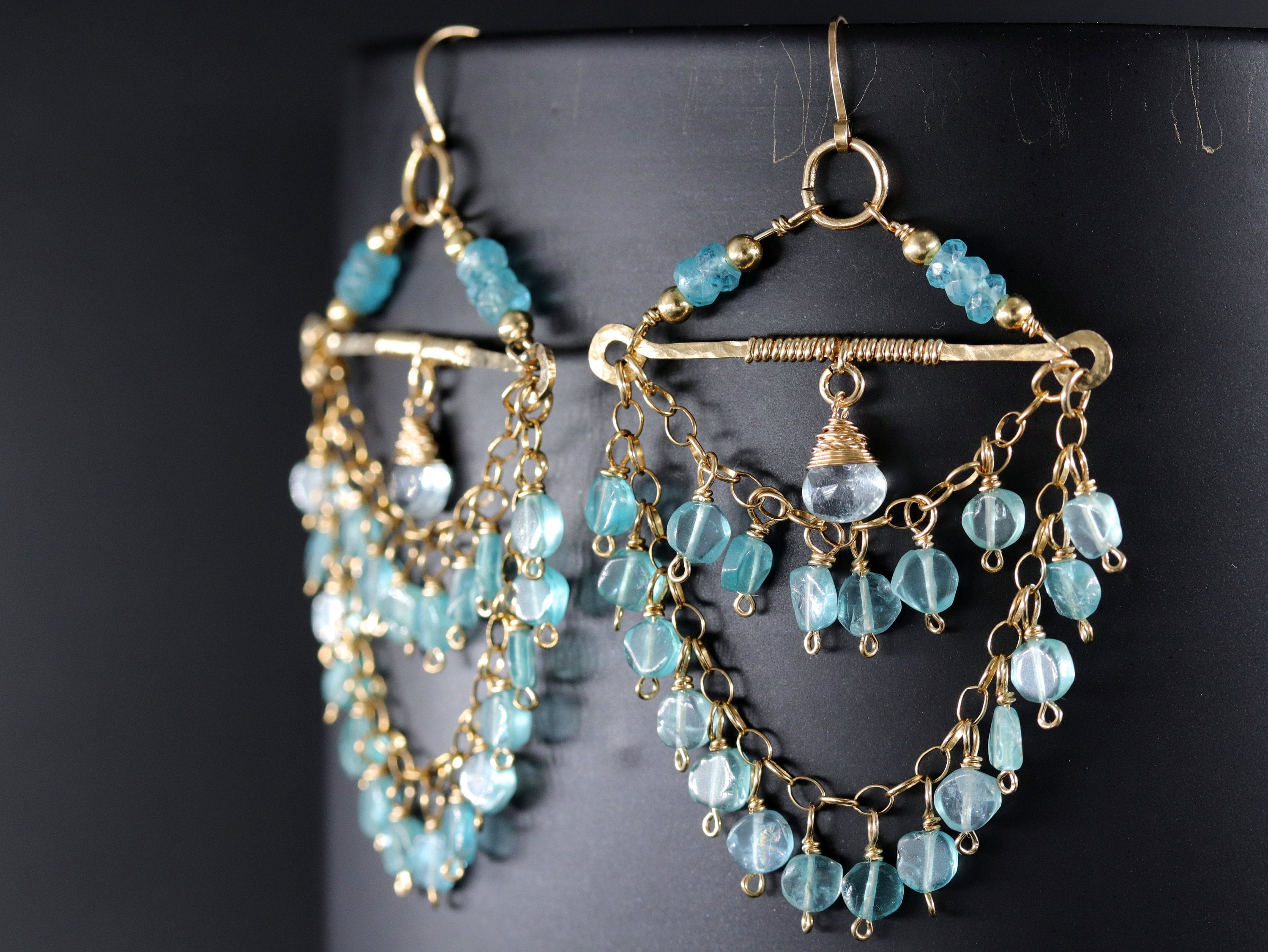 Aquamarine Fringe Chandelier Earrings, 14K Gold Filled Tiered Waterfall Dangle, Coastal Bridal Statement Jewelry
