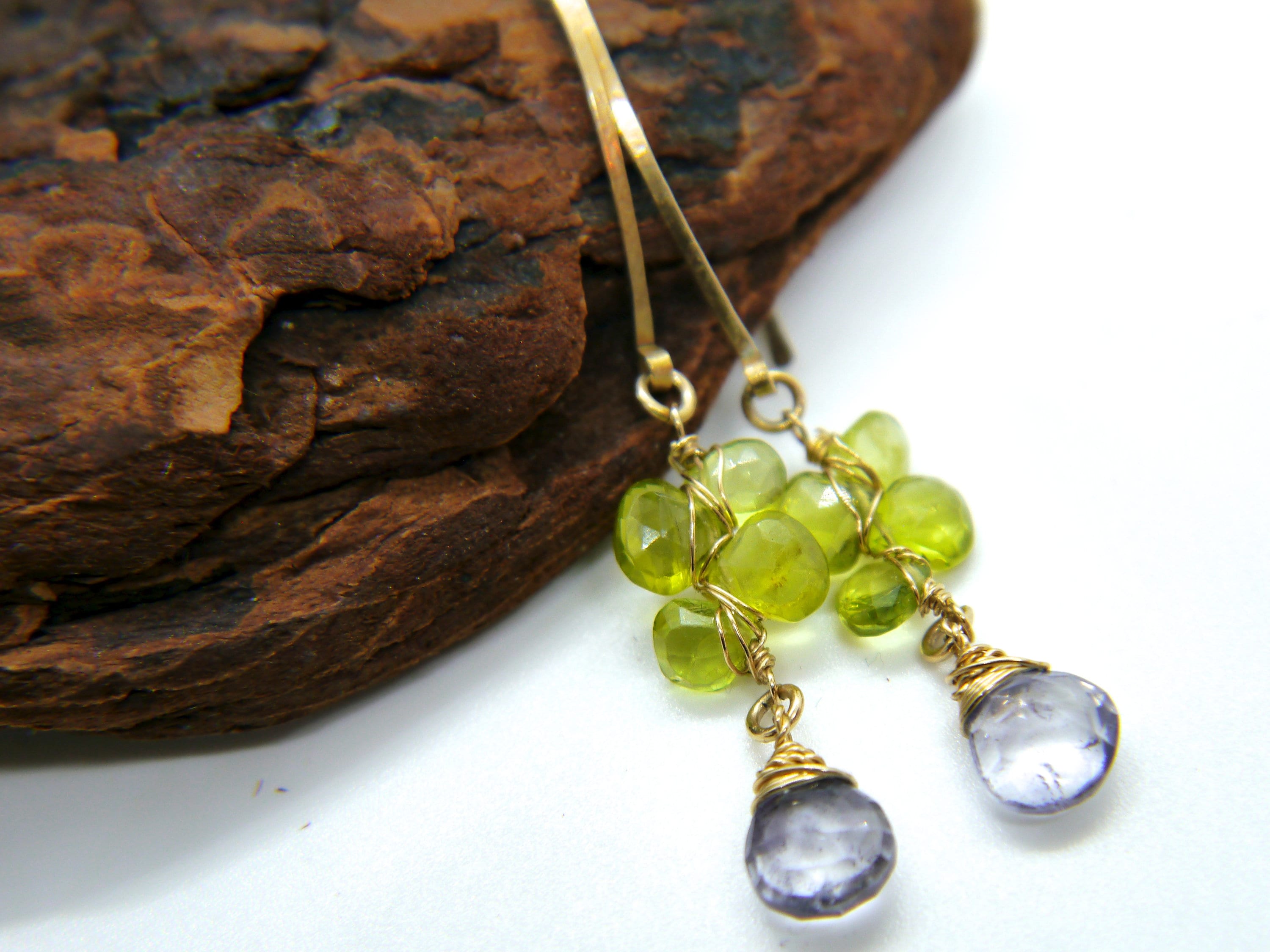 Blue Quartz and Peridot Floral Cluster Gemstone Earrings, 14K Gold Filled Botanical
