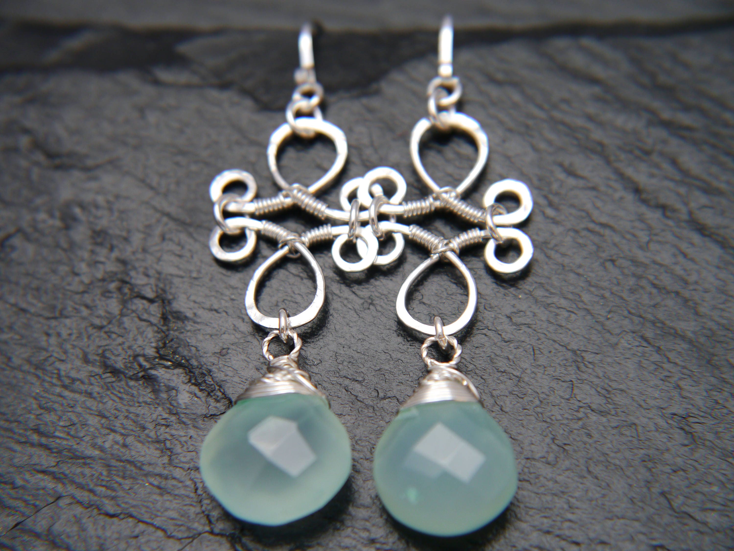 Aqua Chalcedony Heart Briolette Chandelier Gemstone Earrings, Sterling Silver