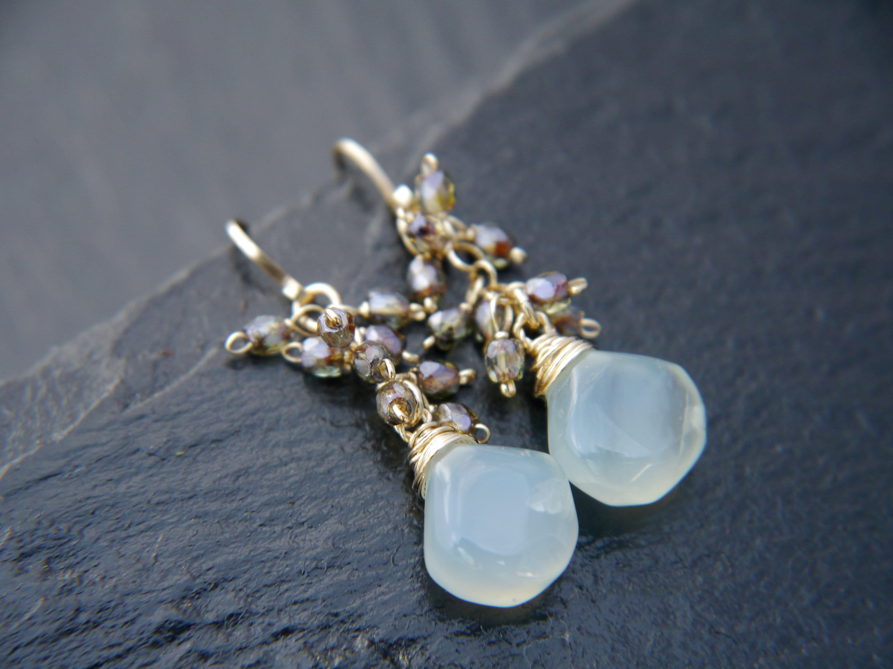 Aqua Chalcedony Cluster Teardrop Gemstone Earrings, 14K Gold Filled Classic Style