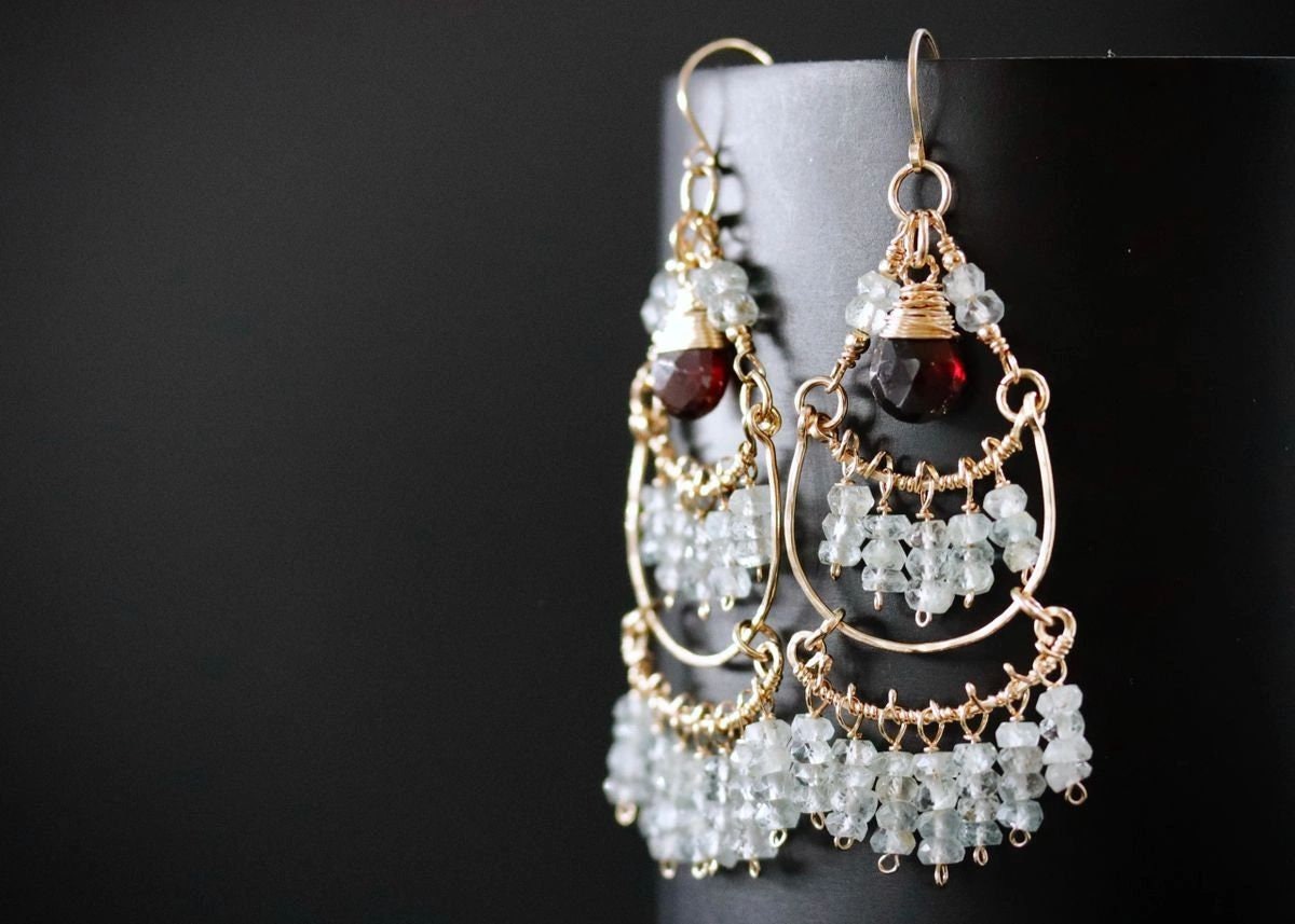 Garnet Aquamarine Fringe Chandelier Gemstone Earrings, 14K Gold Filled Bohemian Jewelry
