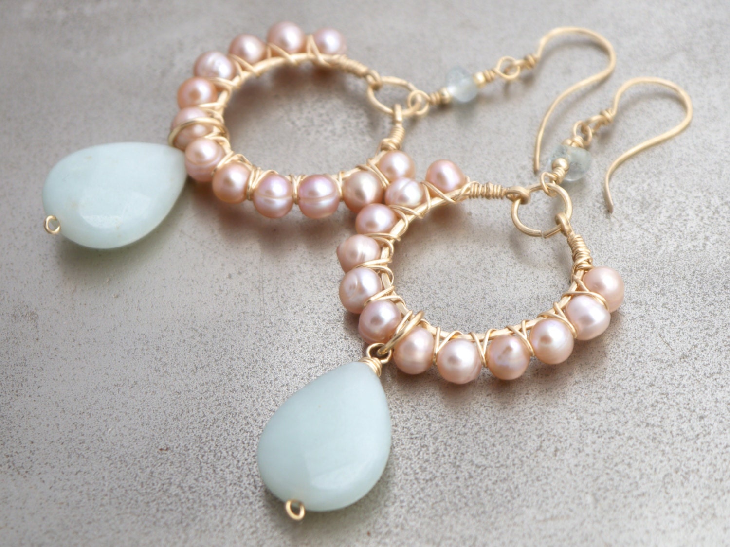 Pink Pearl Aqua Amazonite Hoop Gemstone Earrings, 14K Gold Filled Classic Wedding