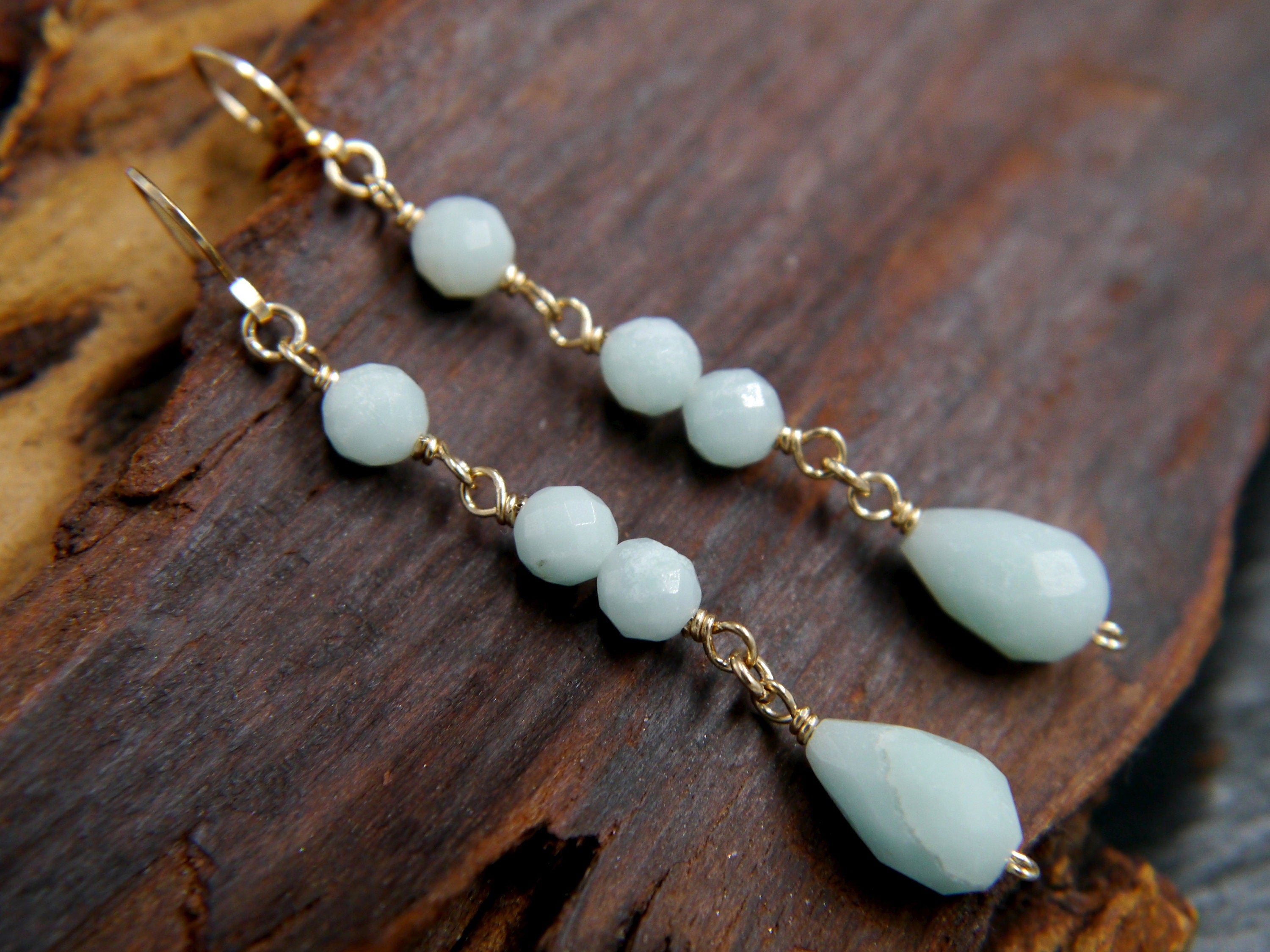 Aqua Amazonite Long Dangle Earrings, 14K Gold Filled Linear Drop, Minimal Jewelry