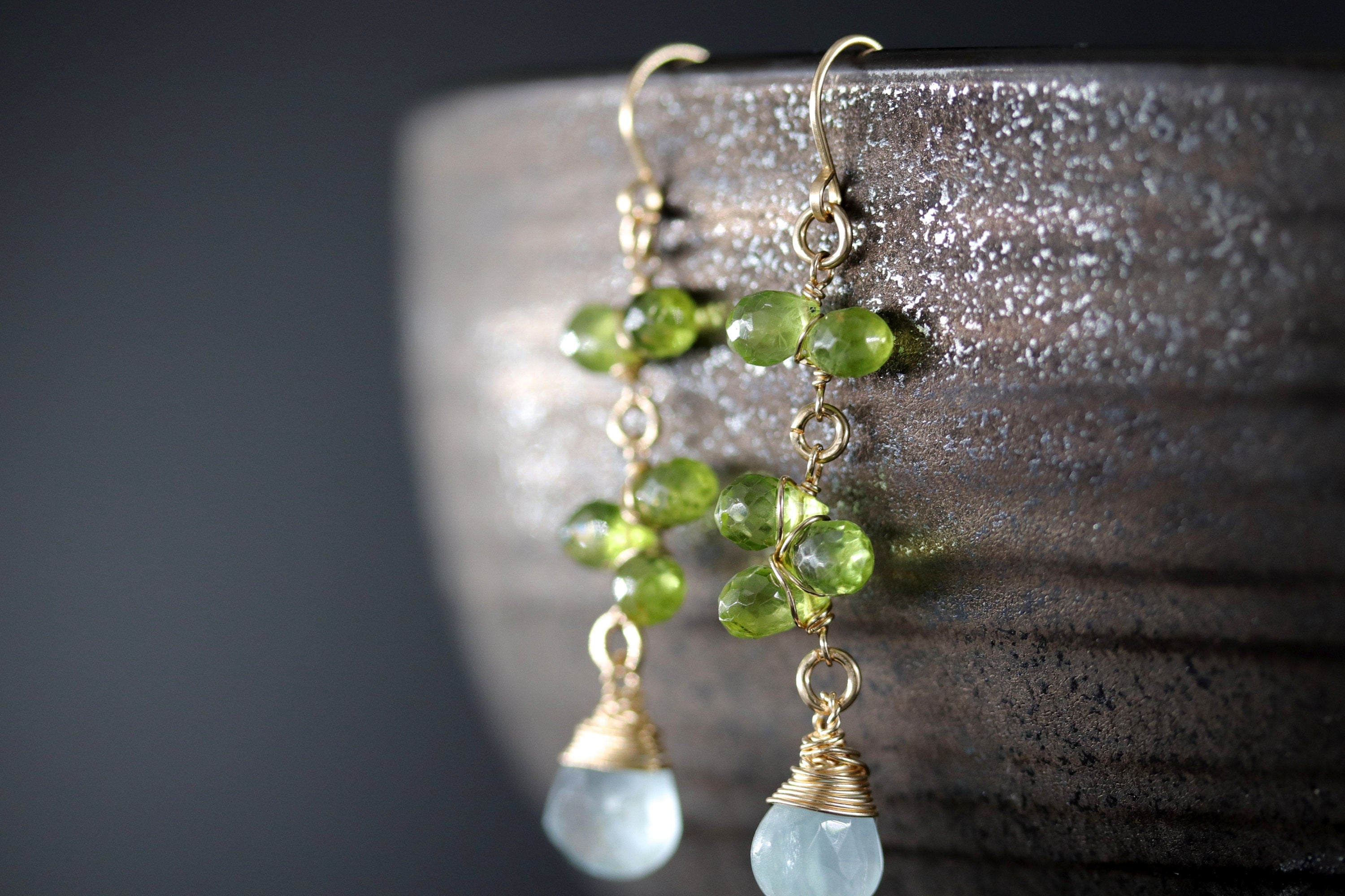 Aquamarine Peridot Dangle Vine Gemstone Earrings, 14K Gold Filled Floral Design
