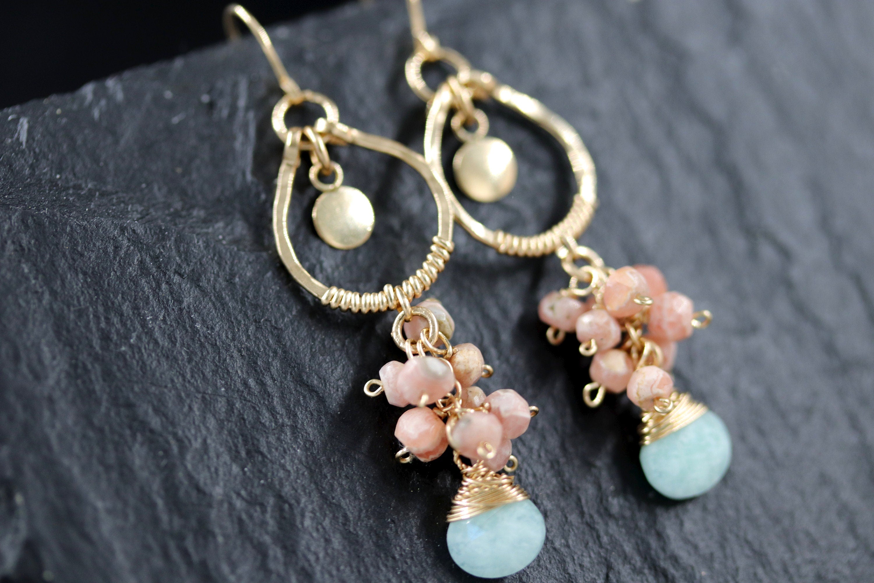 Amazonite Rhodonite Cluster Earrings, 14K Gold Filled Floral Dangle, Romantic Statement