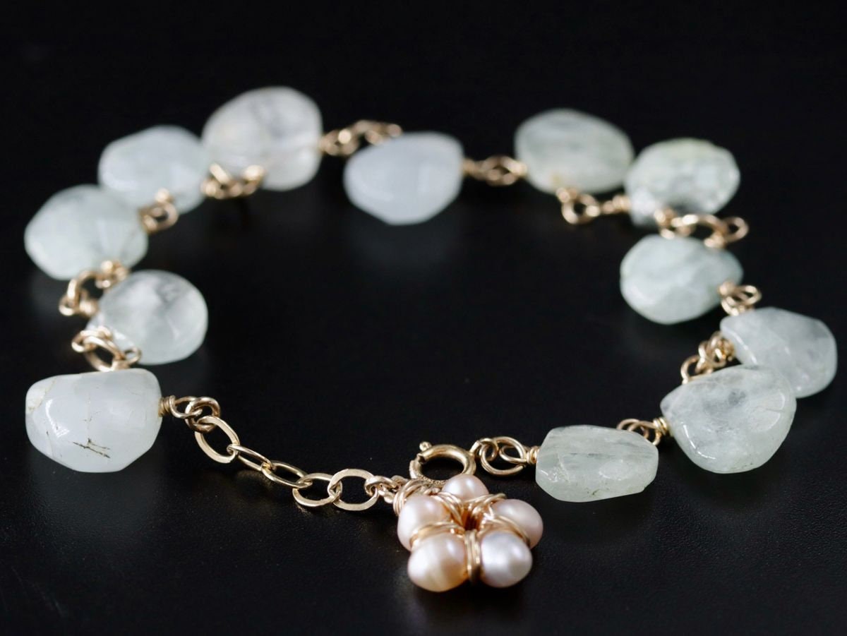 14K Gold Filled Aquamarine Pearl Floral Gemstone Bracelet, March Birthstone Bridal Jewelry