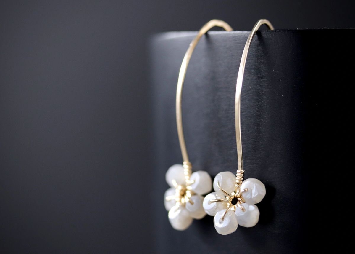 Moonstone Floral Hoop Gemstone Earrings, 14K Gold Filled Nature Inspired