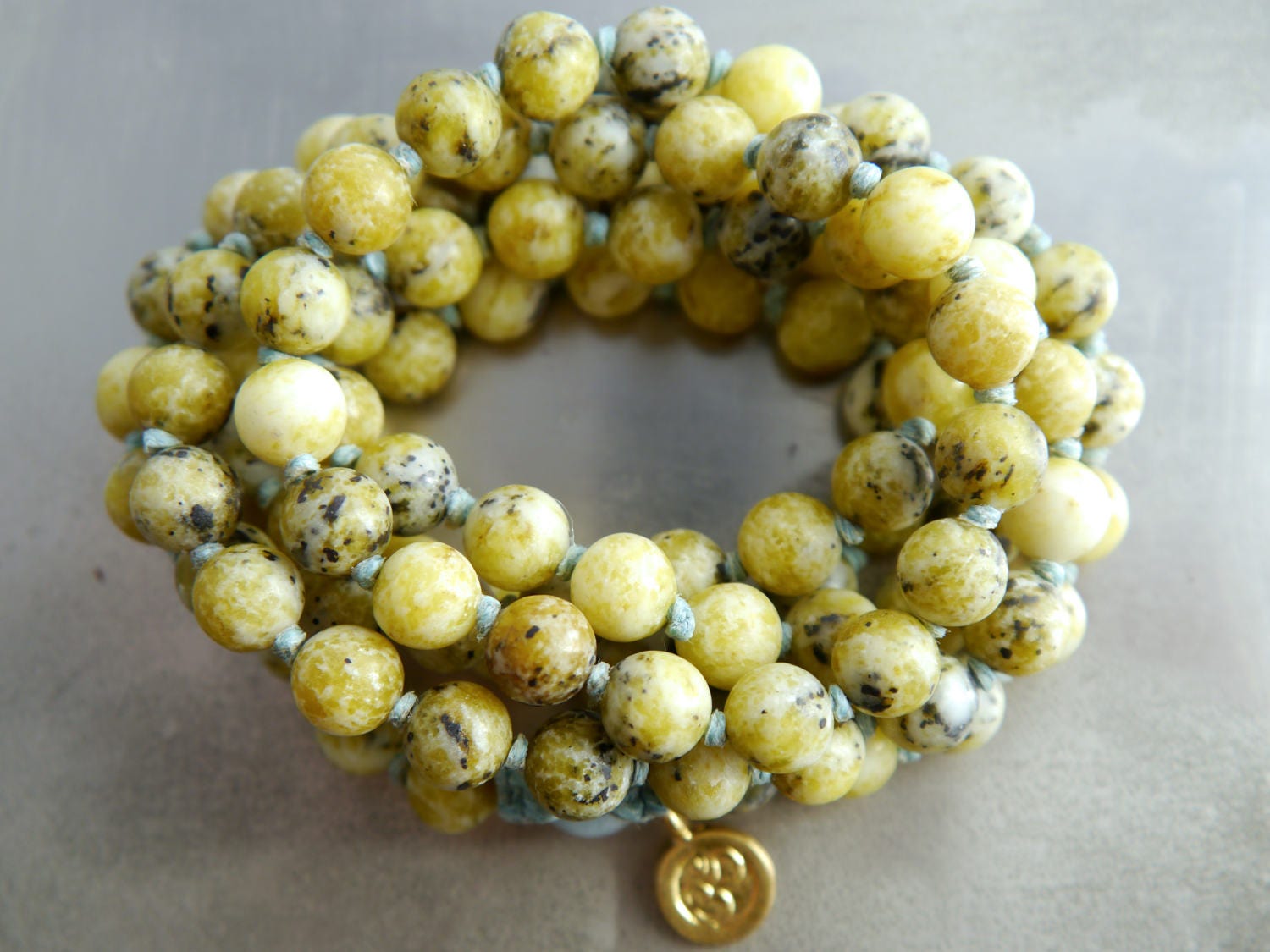 Yellow Turquoise Aquamarine Mala Beads, 108 Gemstone Beads, Wrap, Hand Knotted