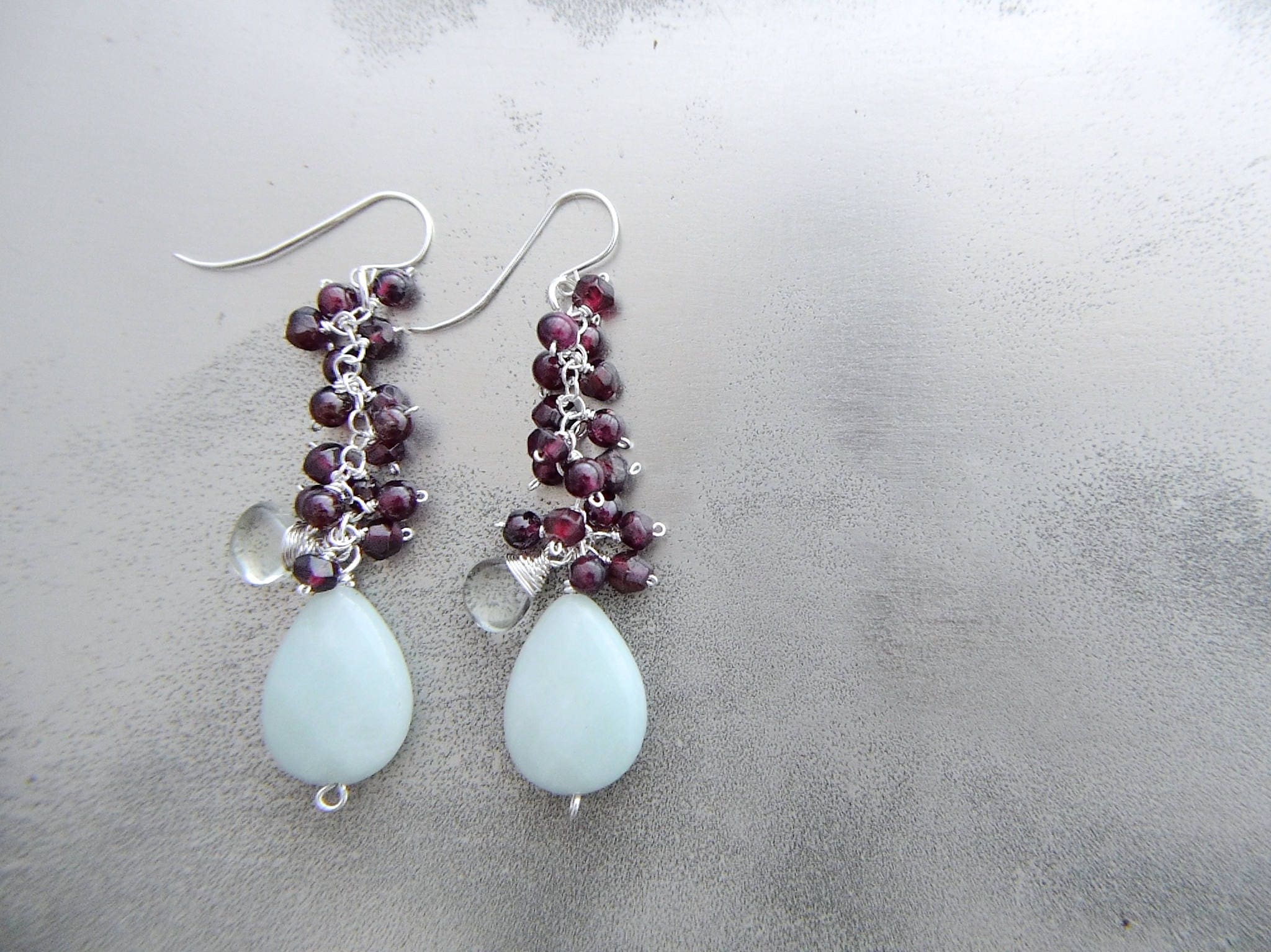 Amazonite Garnet Cluster Long Dangle Gemstone Earrings, Sterling Silver, Bohemian Style