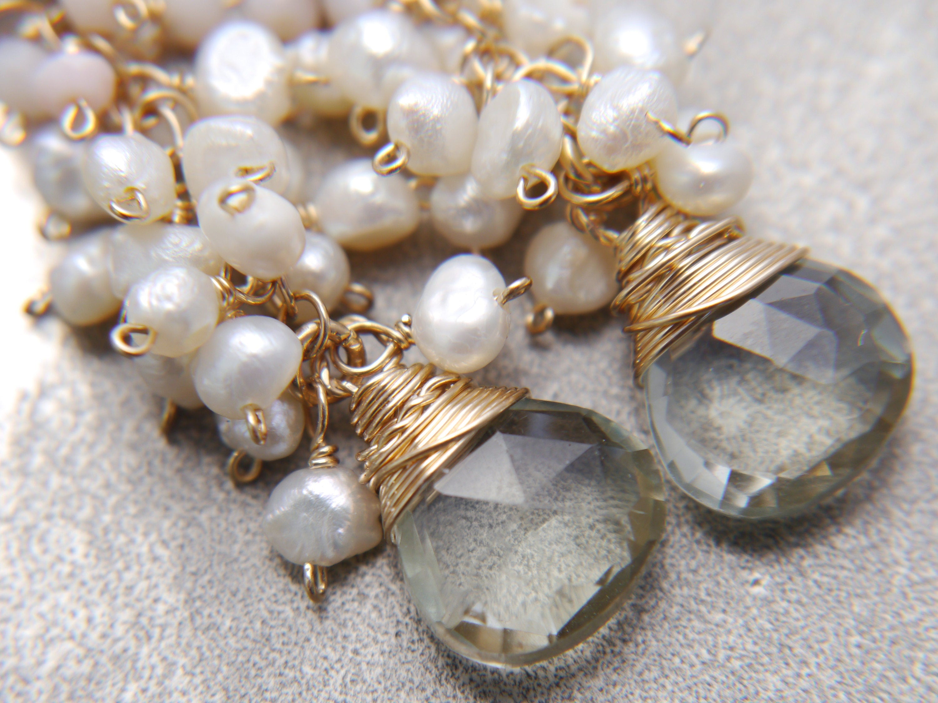 Green Amethyst Pearl Teardrop Cluster Floral Gemstone Earrings, 14K Gold Filled