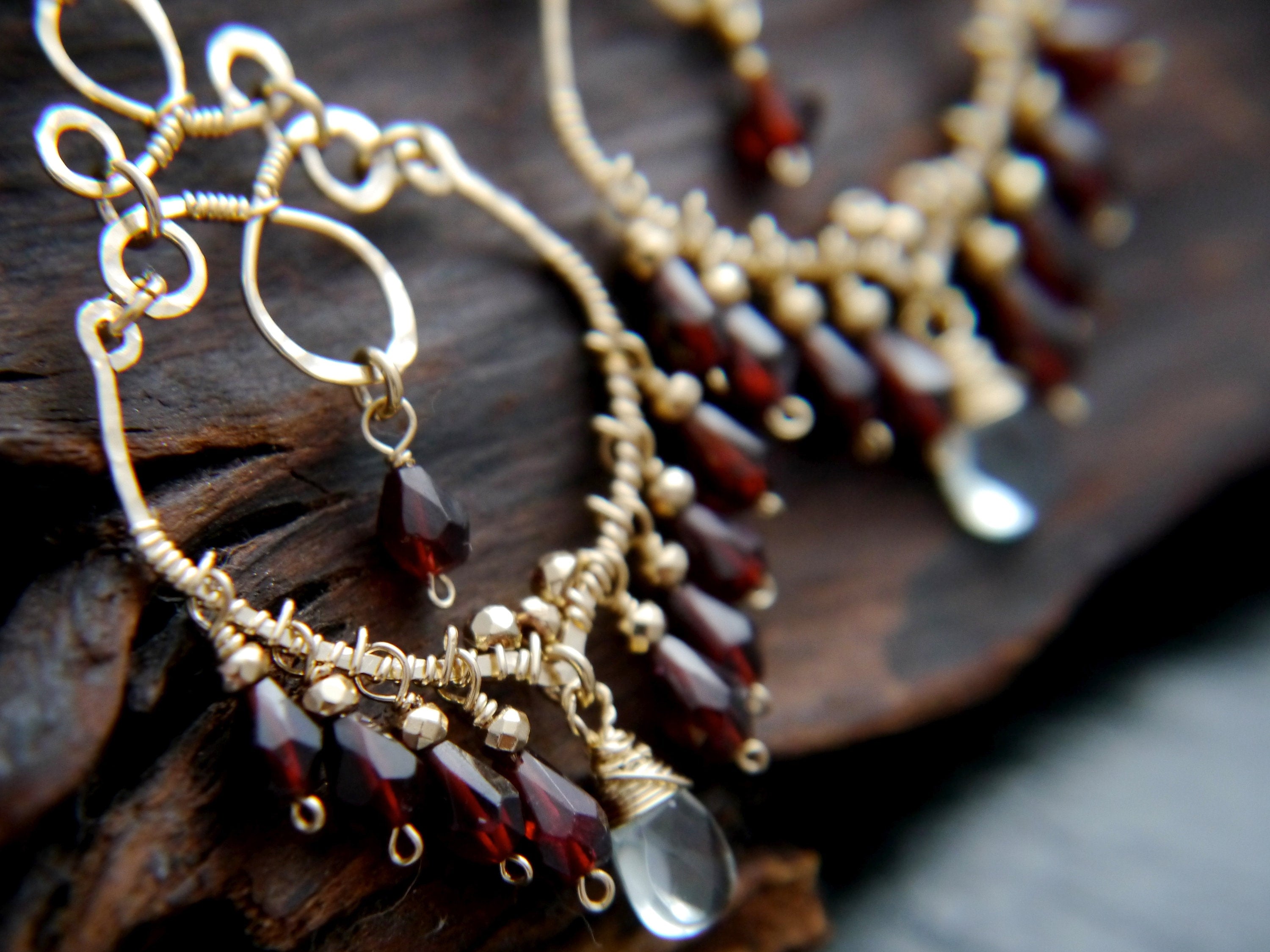 Garnet Aquamarine Boho Chandelier Earrings, 14K Gold Filled Fringe Dangle, Statement Jewelry
