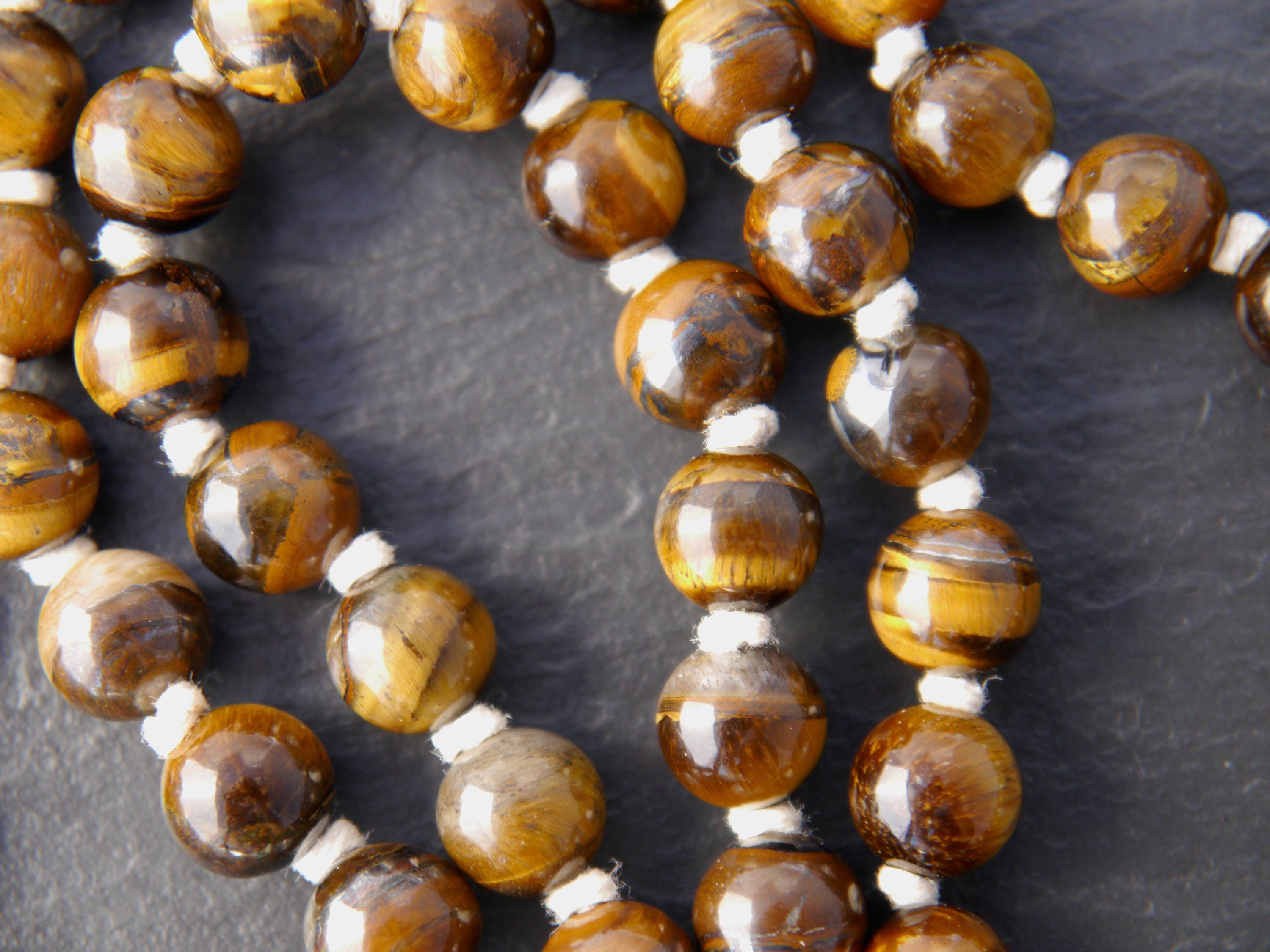 Brown Tiger’s Eye Blue Amazonite Mala Beads, 108 Gemstone Beads, Wrap, Hand Knotted