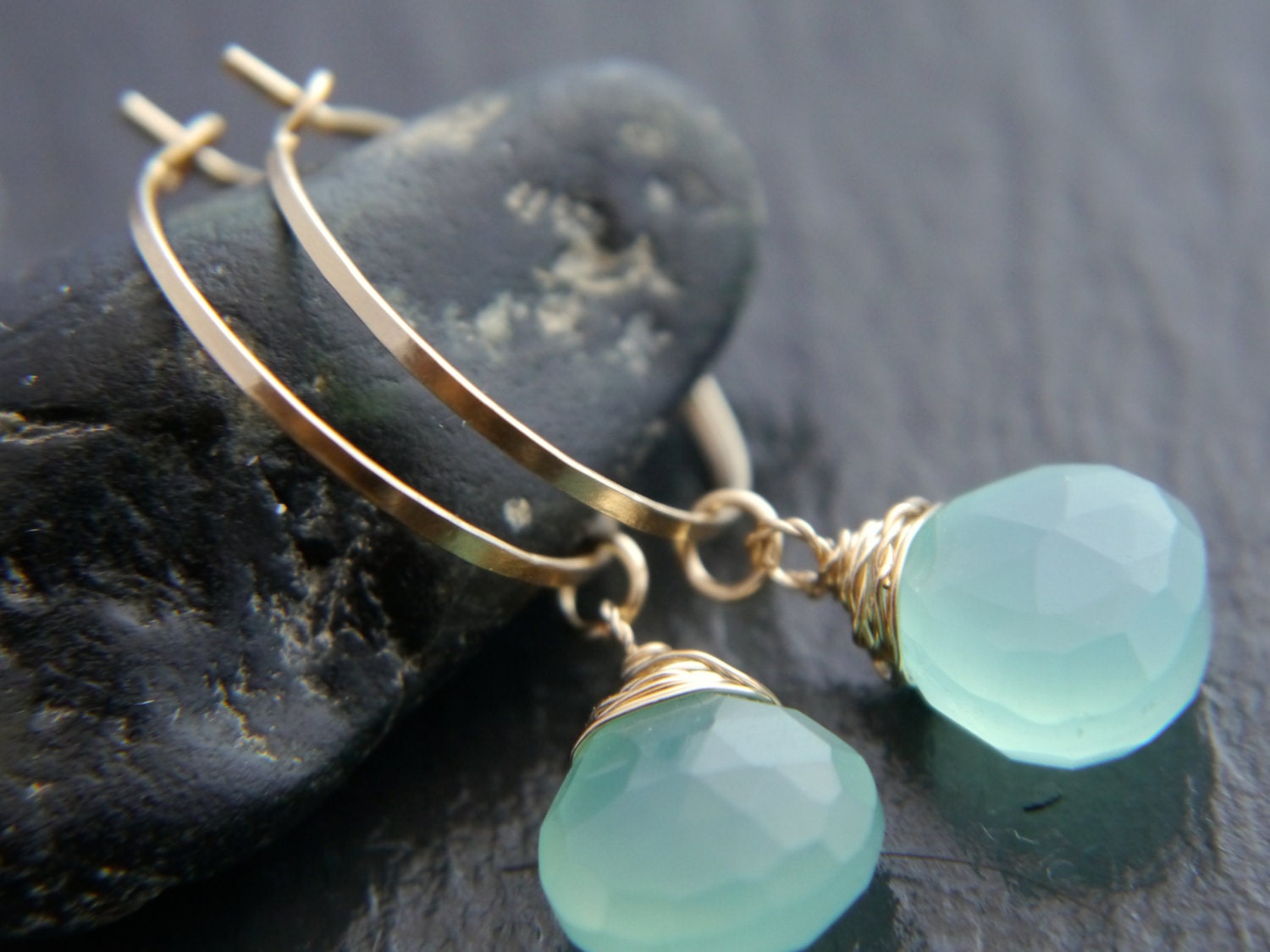 Aqua Chalcedony Heart Briolette Hoop Gemstone Earrings, 14K Gold Filled Classic