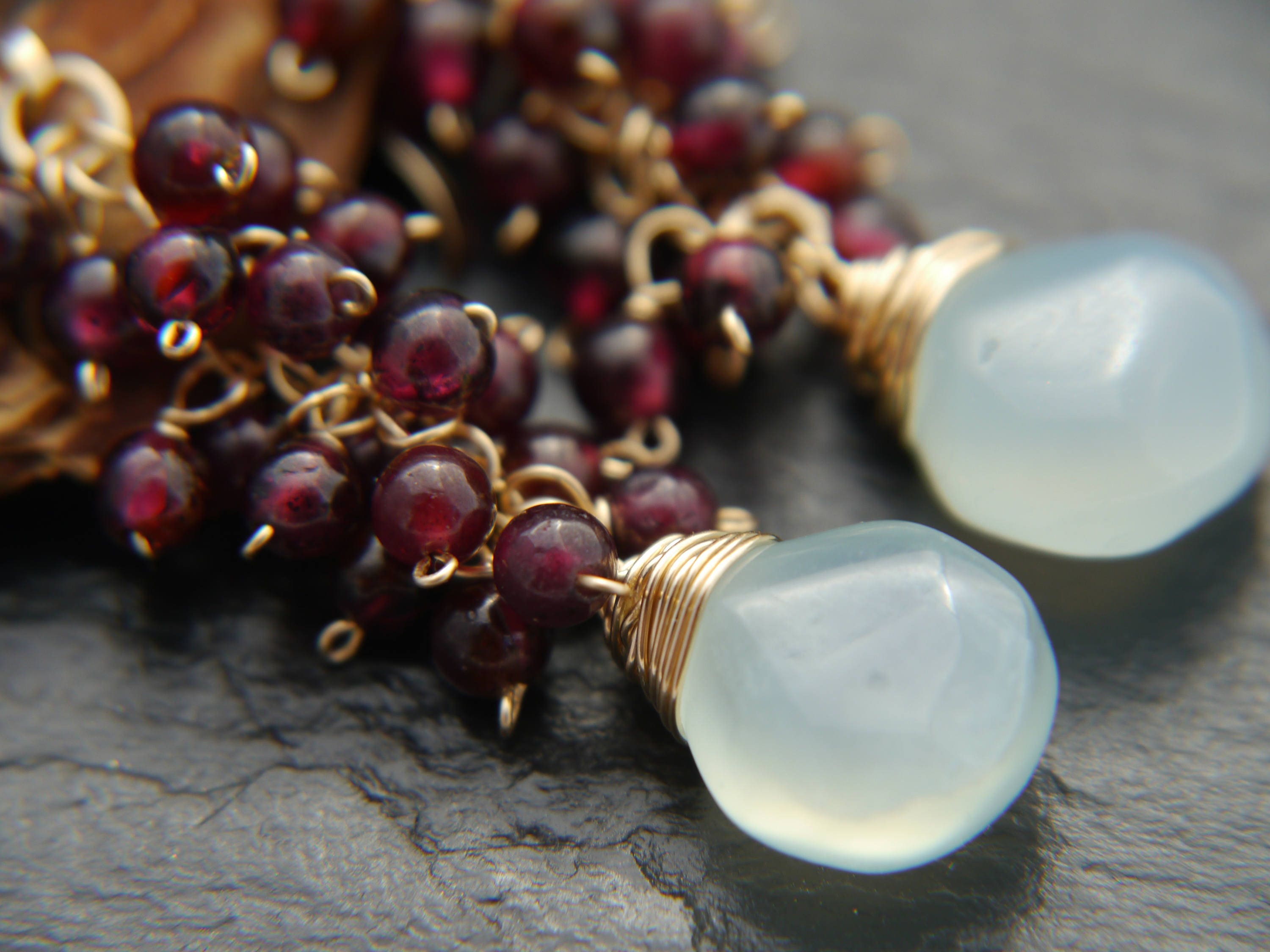 Aqua Chalcedony Garnet Cluster Earrings, 14K Gold Filled Briolette Dangle, Boho Jewelry