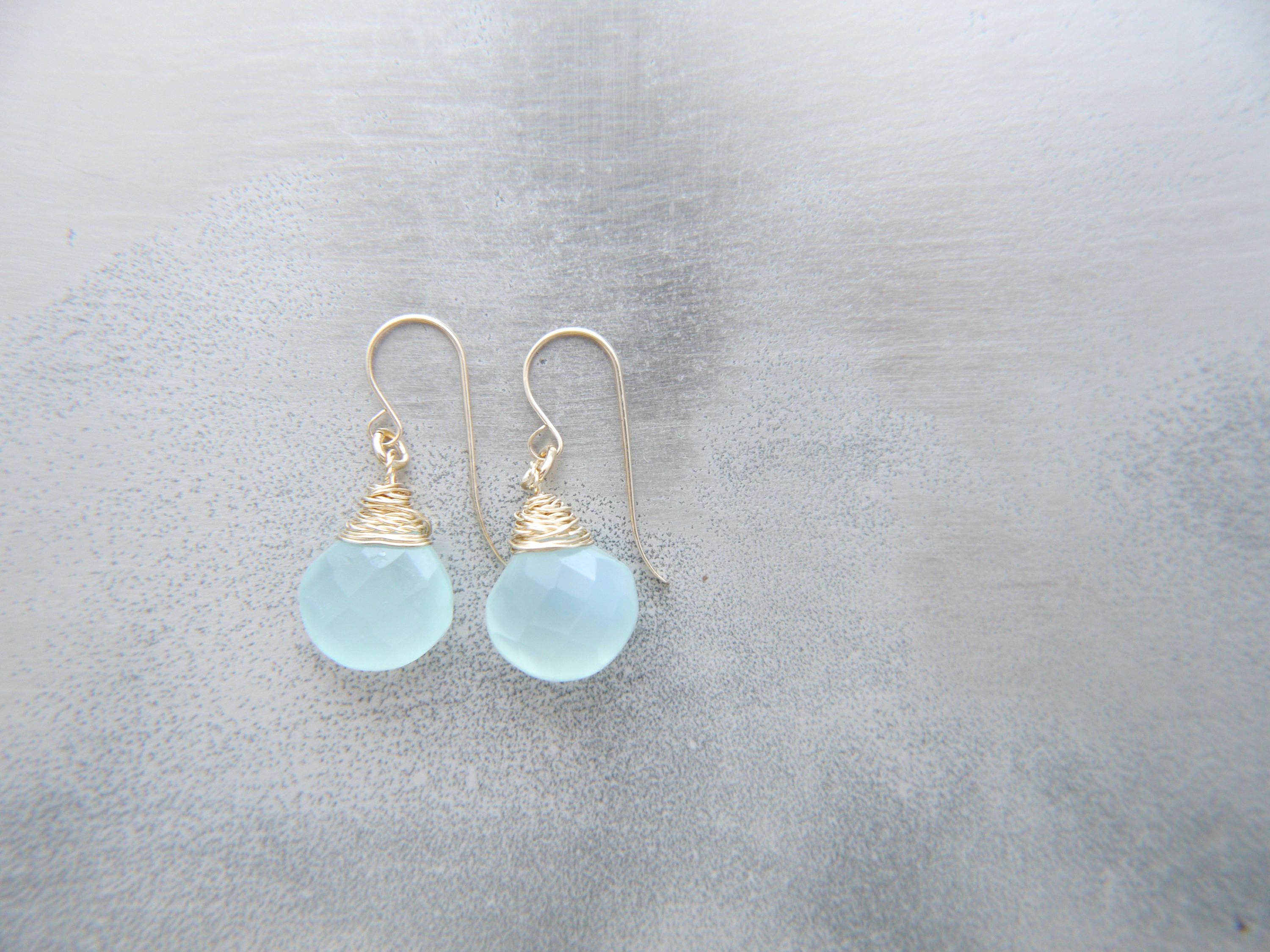 Blue Green Chalcedony Heart Briolette Teardrop Gemstone Earrings, 14K Gold Filled Bohemian Style