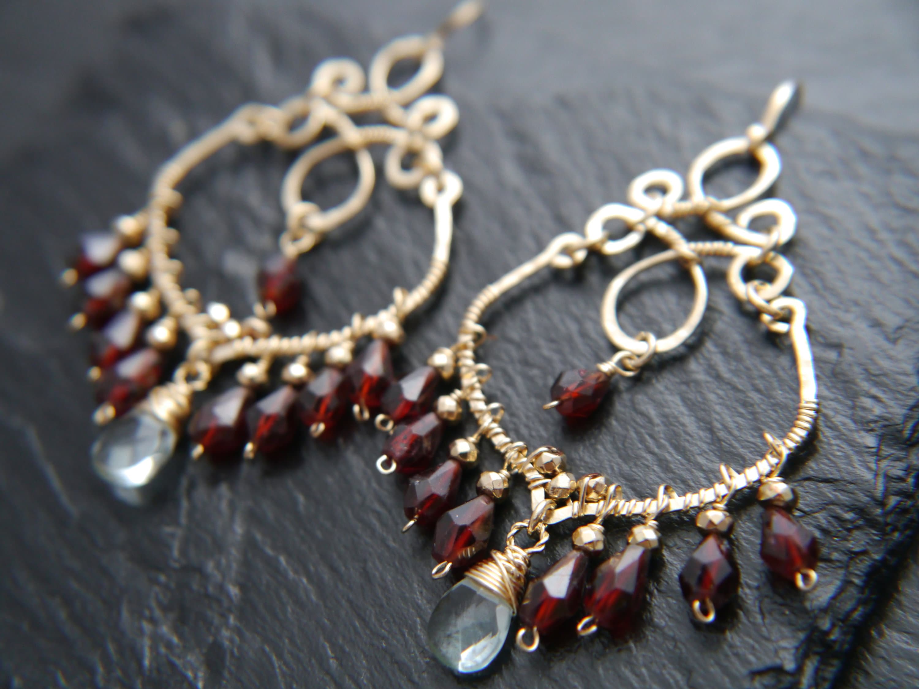 Garnet Aquamarine Boho Chandelier Earrings, 14K Gold Filled Fringe Dangle, Statement Jewelry