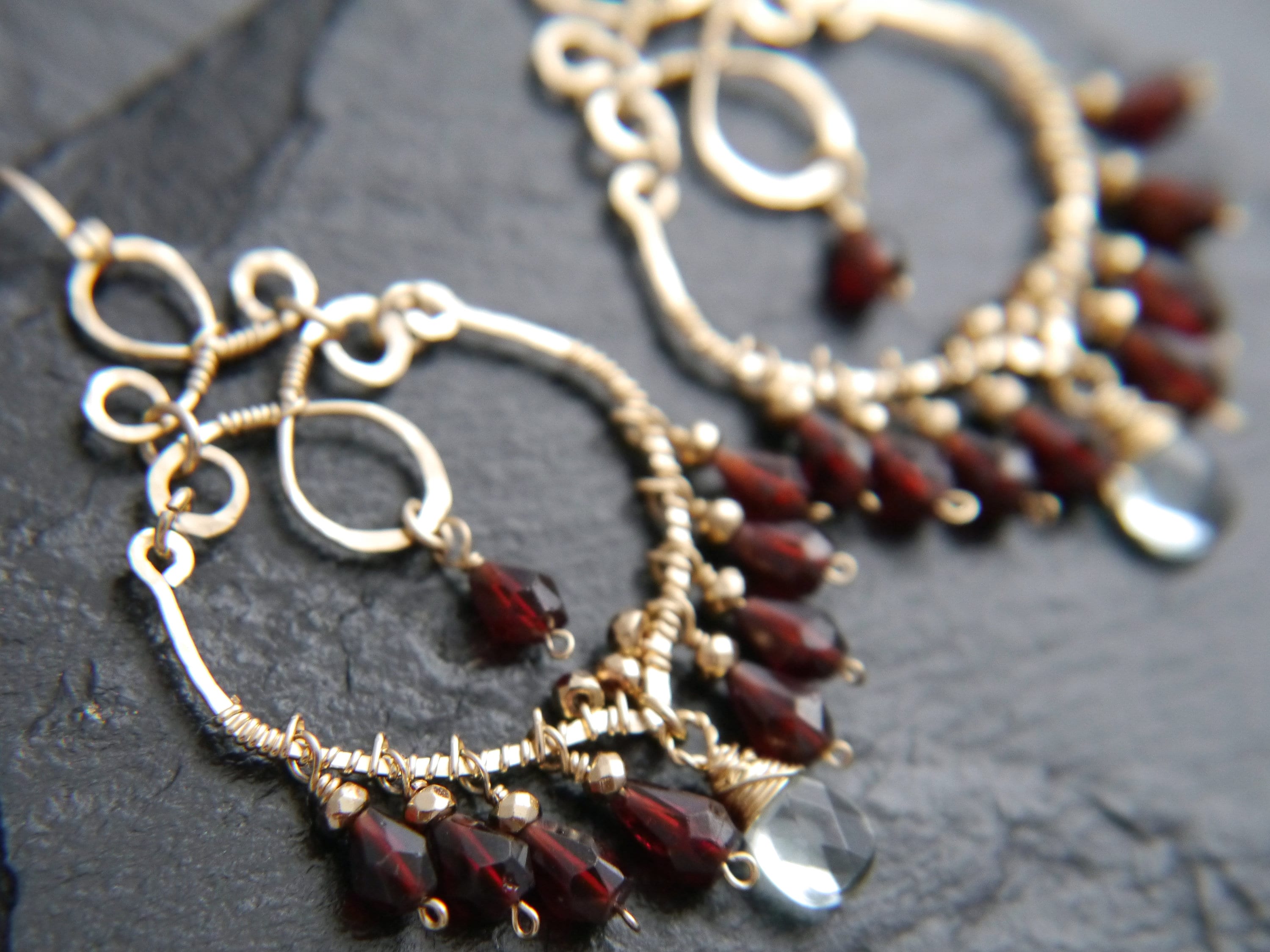 Garnet Aquamarine Boho Chandelier Earrings, 14K Gold Filled Fringe Dangle, Statement Jewelry