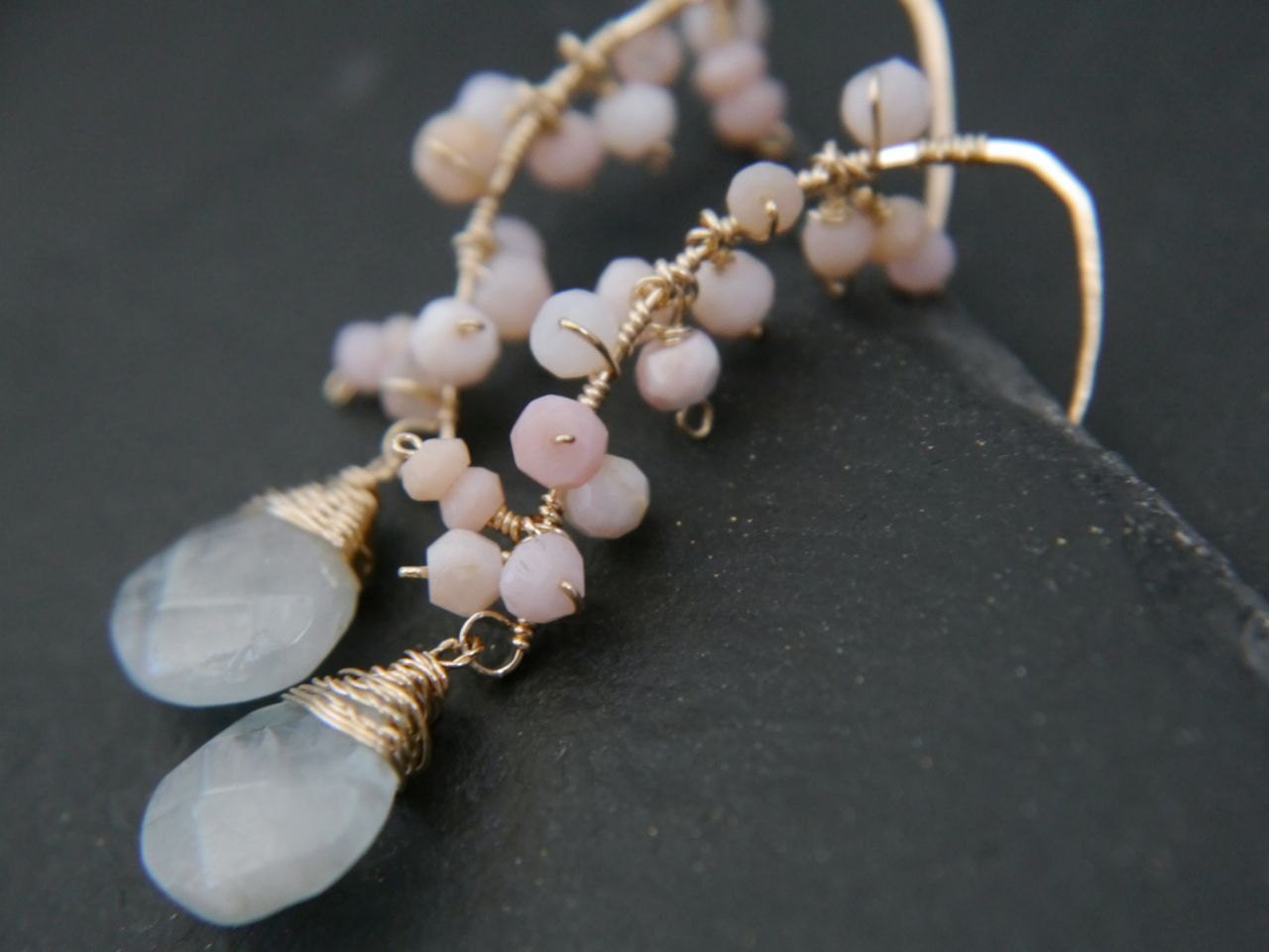 Aquamarine Pink Opal Floral Gemstone Earrings, 14K Gold Filled Ethereal Bride